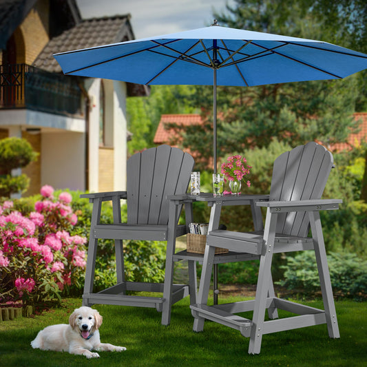 PatioPerk Tall Adirondack Chair Set of 2 with Double Connecting Tray, Recycled HDPE with Wood Grain, Weather Resistant, Outdoor Adirondack Chairs for Deck, Balcony, Patio, Backyard, Light Grey