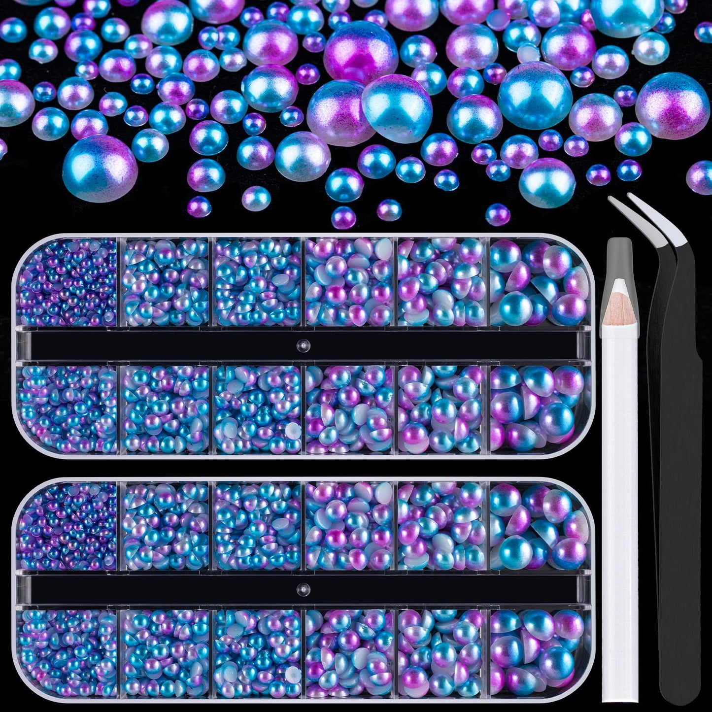 Gold Nail Charms and Gems, Half Round Flatback Pearl Nail Charms, Nail Pearls Rhinestones Kit Gold Beads for Nails with Pickup Pencil and Tweezer for DIY Nail Art, Face Makeup and Crafting