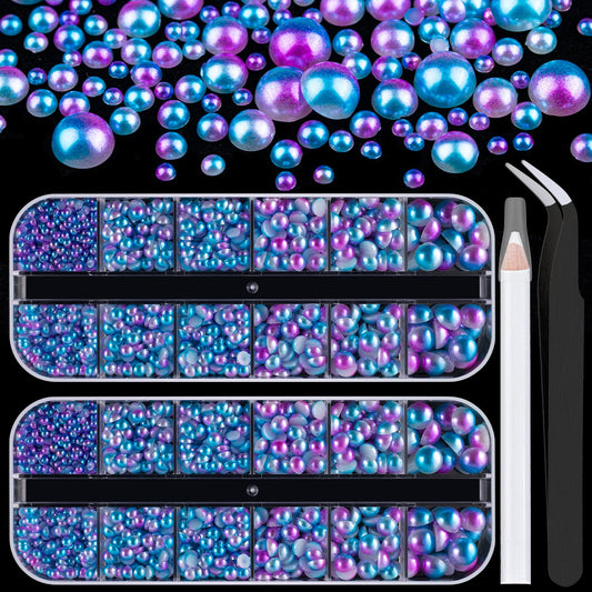 Gold Nail Charms and Gems, Half Round Flatback Pearl Nail Charms, Nail Pearls Rhinestones Kit Gold Beads for Nails with Pickup Pencil and Tweezer for DIY Nail Art, Face Makeup and Crafting