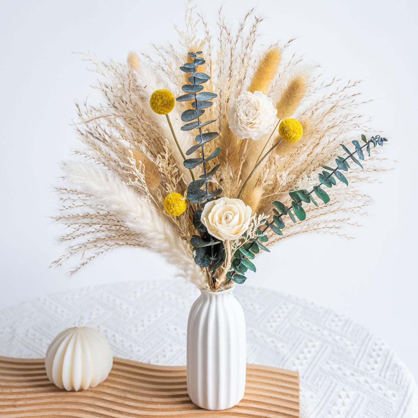 Pampas Grass Decor, Ceramic Vase Included, Dried Flowers Reed diffusers for Home,Dried Eucalyptus Arrangements,Dried Grass for Table Room Decor Wedding Party Birthday Decor (WhiteGreen)