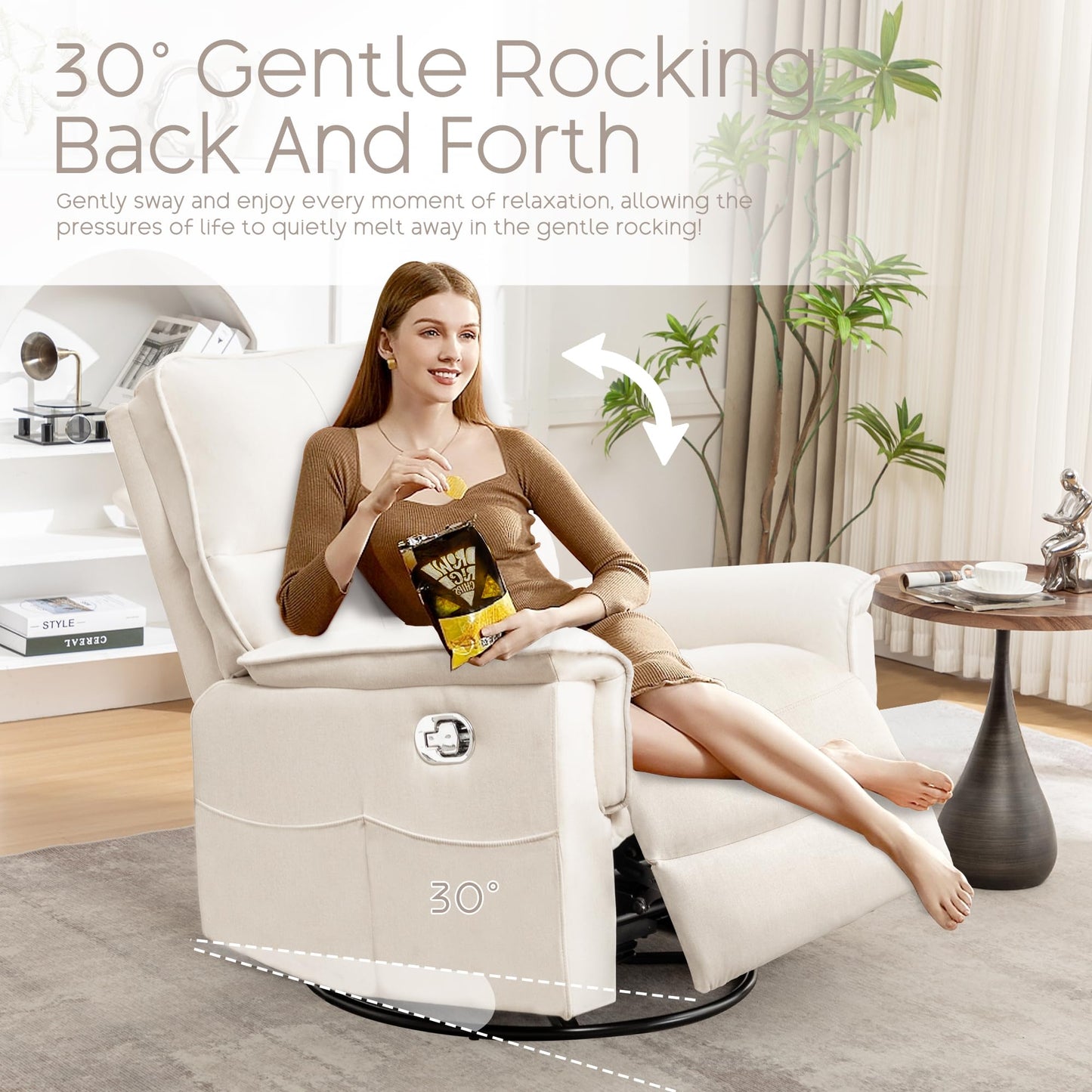 YUUIJOAA Swivel Rocker Recliner Chair, Manual Reclining Glider Chairs for Adults, Linen Nursery Recliner Sofa Chairs for Living Room, Bedroom, Beige