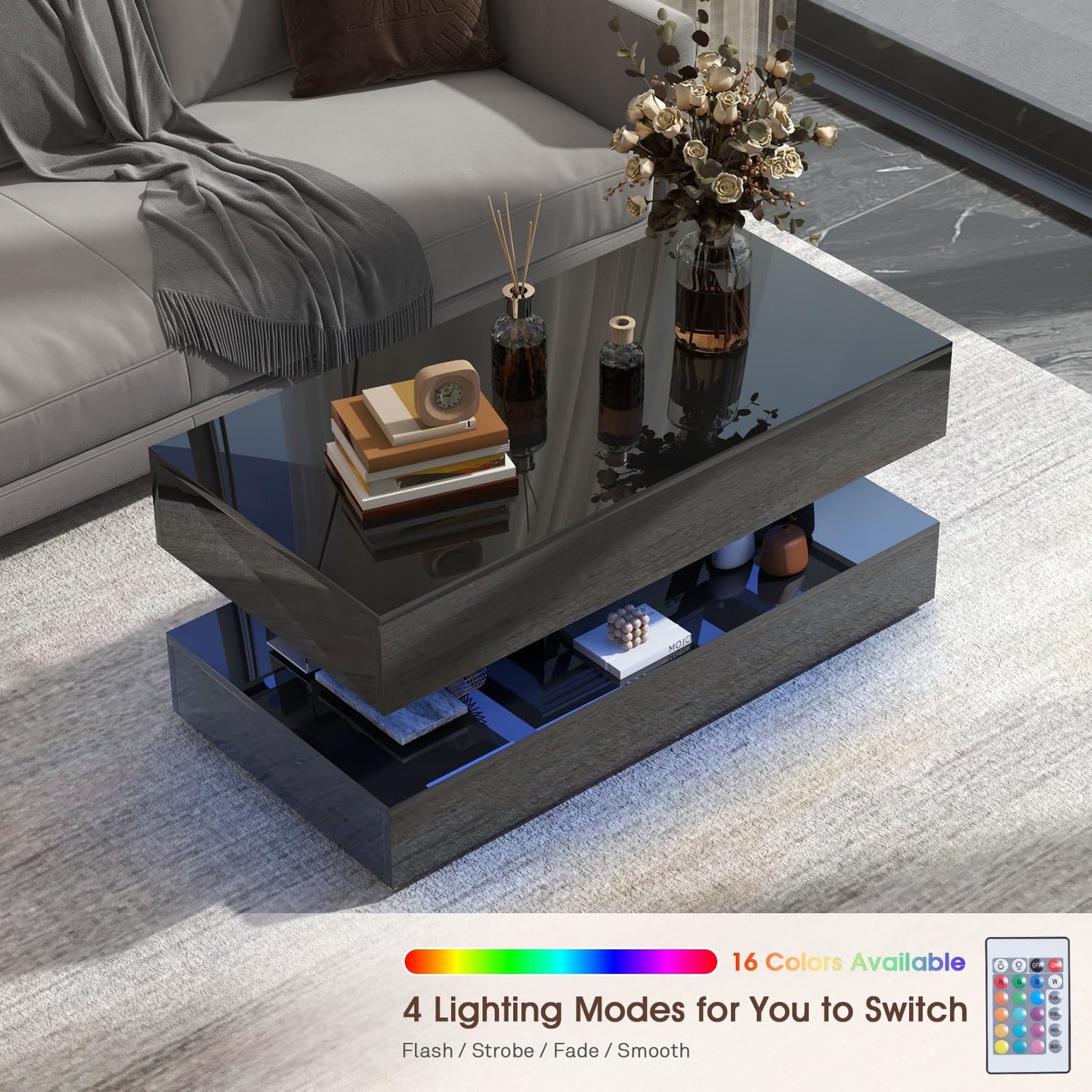 OC Orange-Casual LED Coffee Table with Storage, High Glossy Center Table with 2 Sliding Drawers, Modern Stylish Rectangle Coffee Table Double Layer with Open Display Shelf for Living Room (Black)