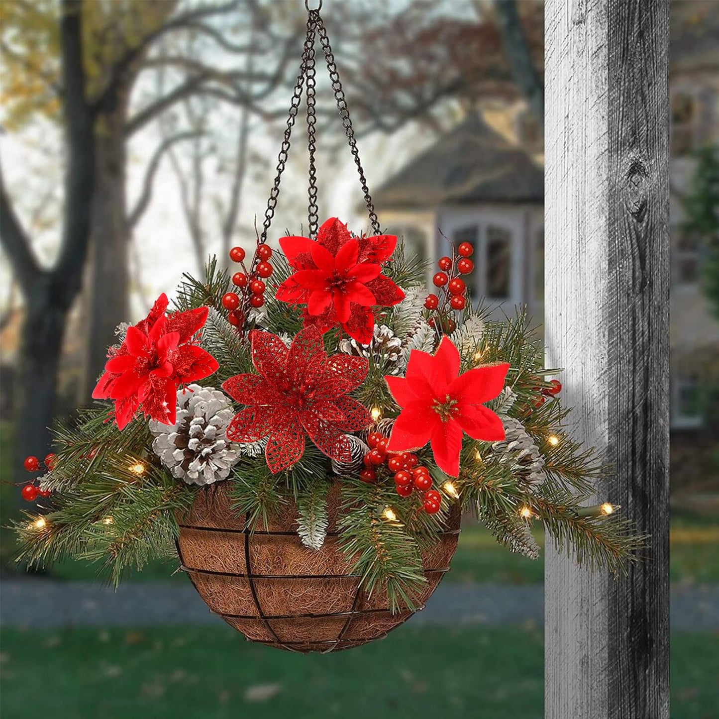 Floweroyal 30pcs Poinsettia Artificial Christmas Flowers Decorations with Clips and Berry Stems Glitter Ornaments for Christmas Tree Wreath Fireplace Stairs Decor (Red-3 Styles)