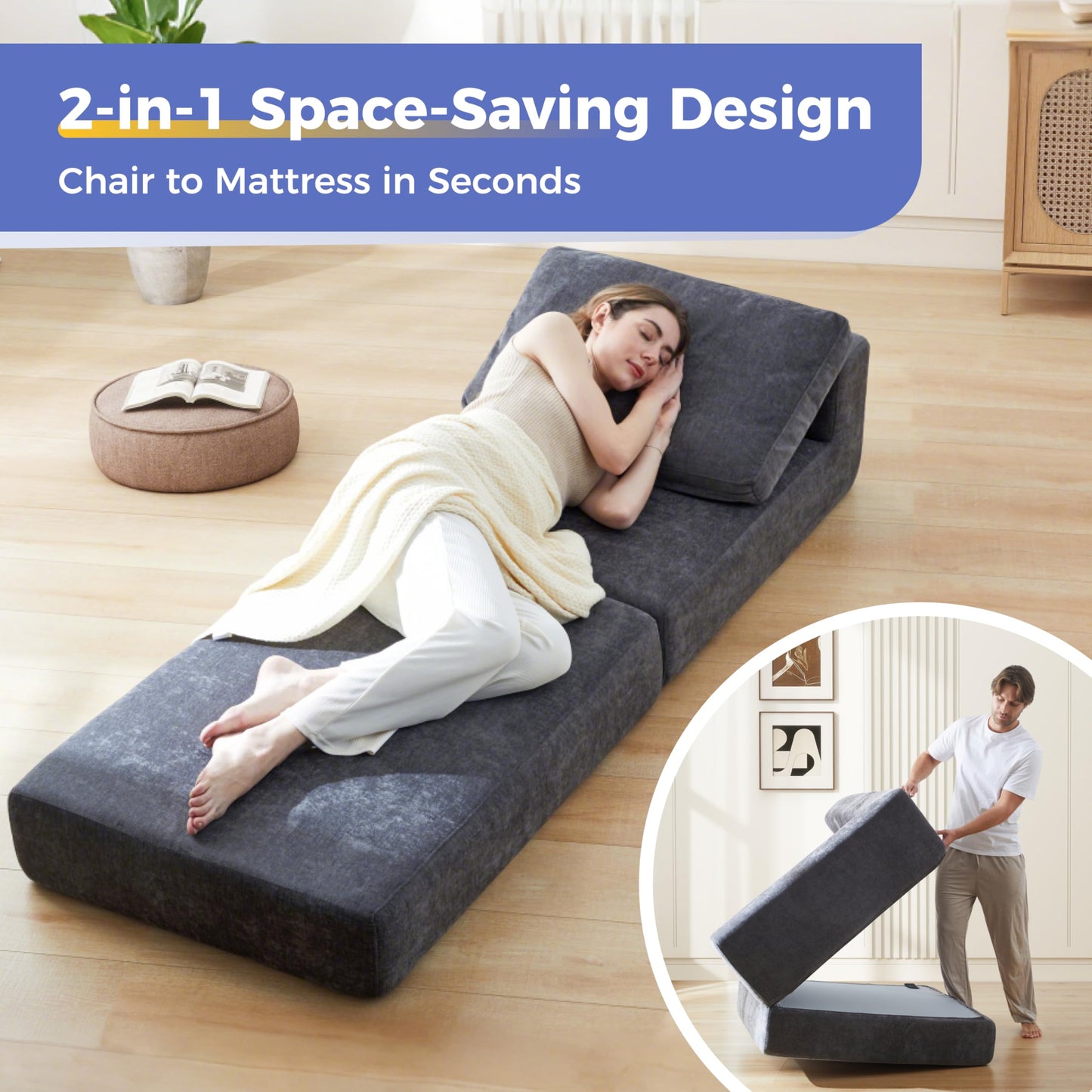 Jamdok 8 Inch Thick Freestanding Folding Sofa Bed for Adults,Convertible Fold Out Sleeper Chair with Back Pillow, Lazy Couch for Living Room/Bedroom/Guest Use/Home Office/Apartment