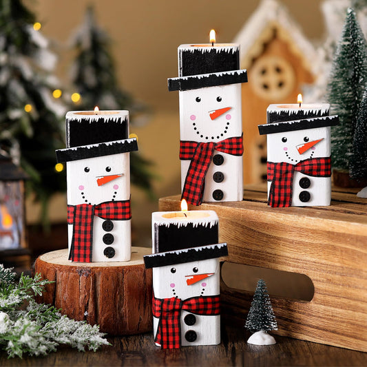 4 Pcs Winter Wooden Candle Holder Winter Snowman Tea Lights Candles Holder Snow Snowman Table Centerpiece Home Table Decorations for Farmhouse Kitchen Decor(Wine,Vintage)
