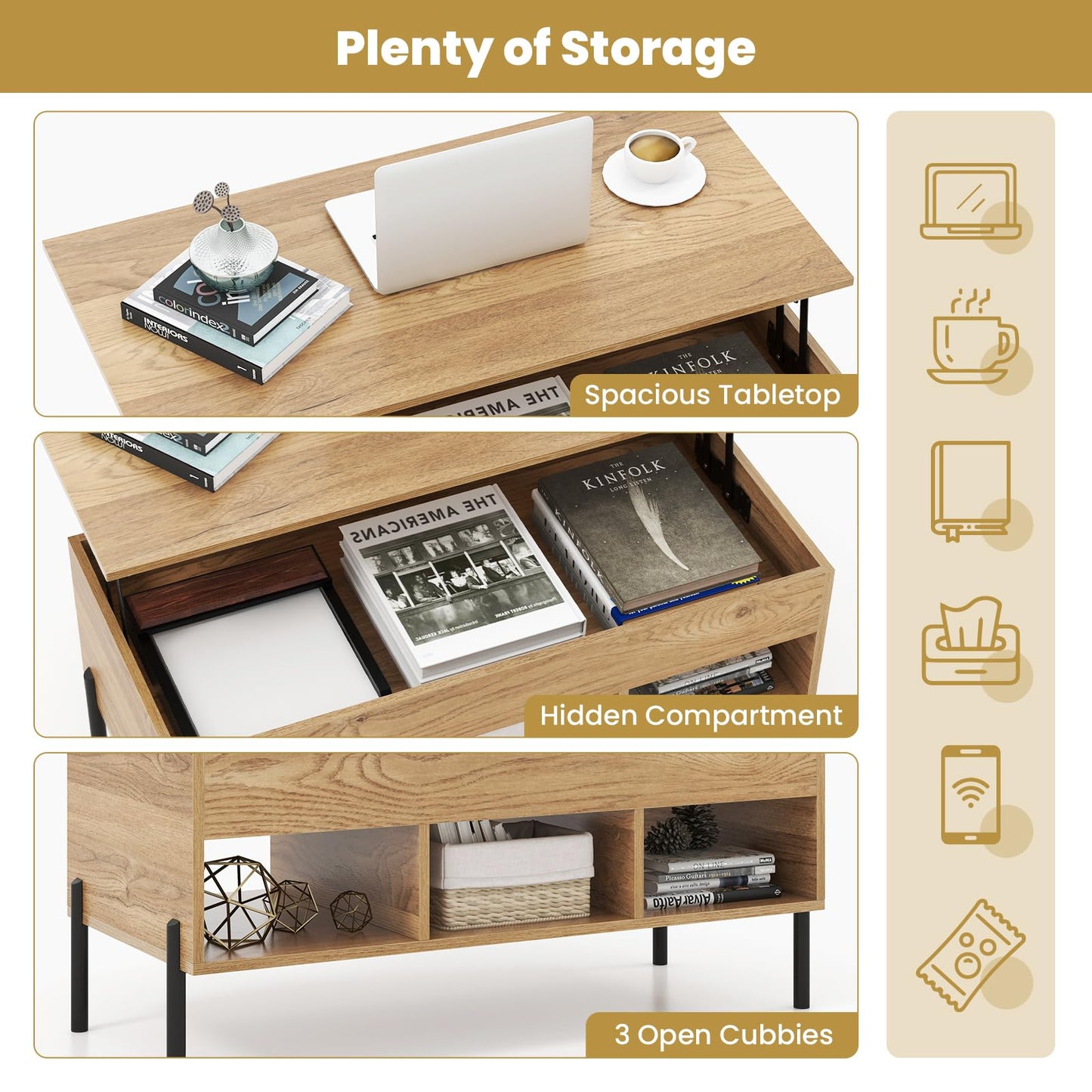 Tangkula Lift Top Coffee Table with Metal Legs, Rising Center Table w/Hidden Compartment & 3 Open Cubbies, Multifunctional Wood Dining Working Table for Living Room Reception Room (Natural)