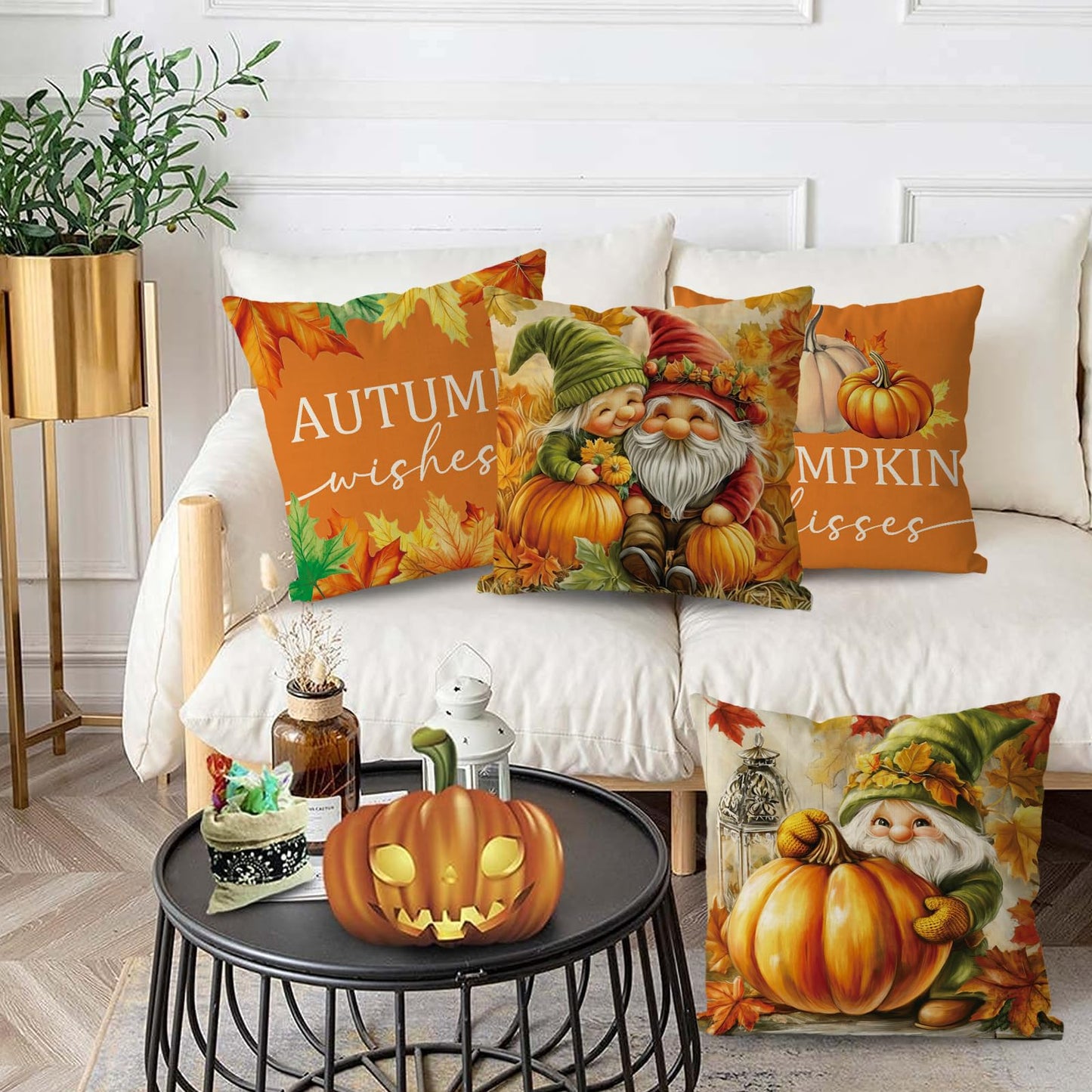 GAGEC Fall Pillow Covers 18x18 Inch Set of 4 Gnomes Pumpkin Maple Leaves Decorative Throw Pillow Covers Harvest Autumn Pillowcase for Farmhouse Home Sofa Living Room Decor