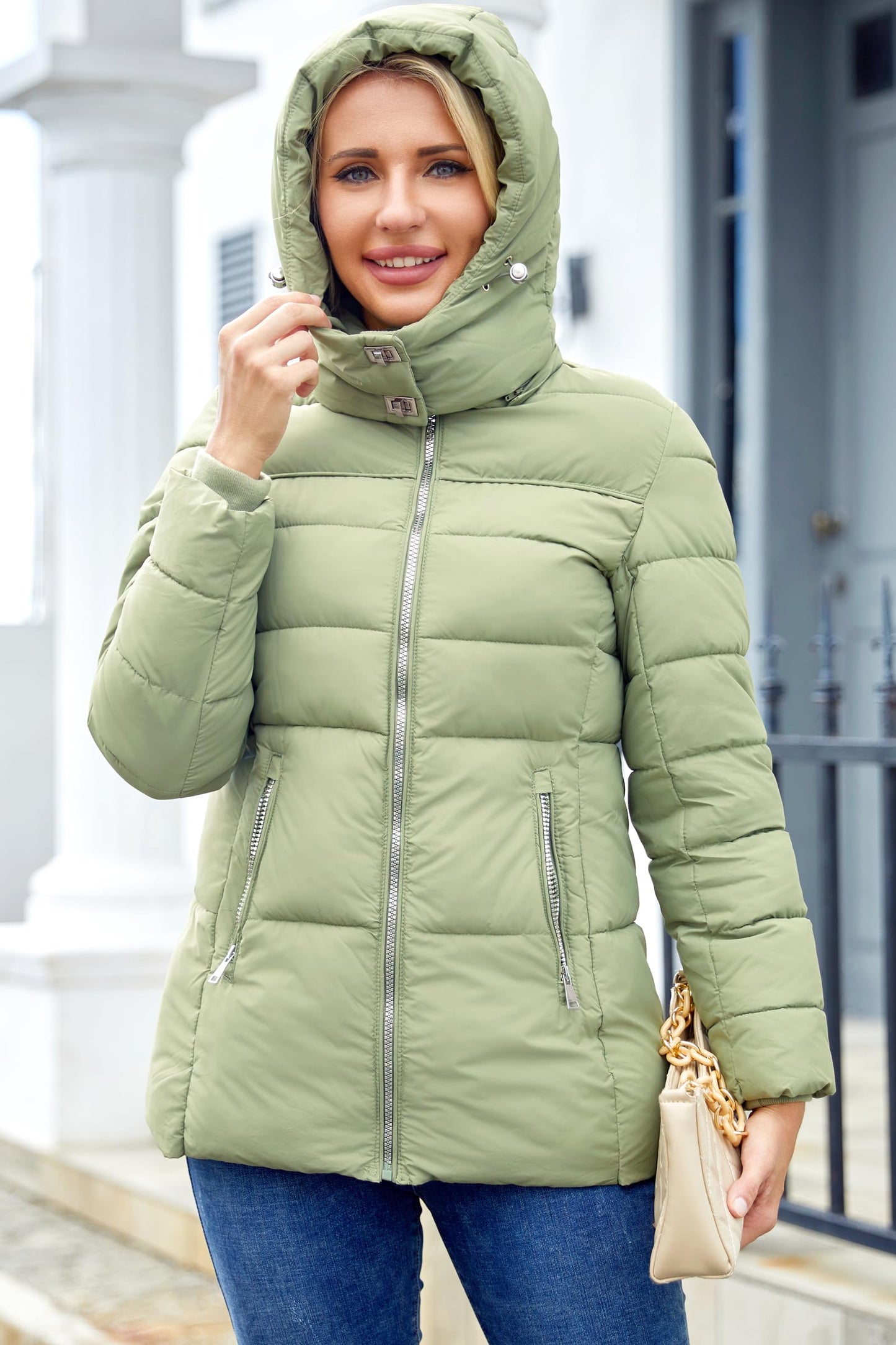 MODERN BUBBLE Womens Packable Puffer Jacket Winter Coat with Hood Warm Lightweight Thickened Down Jacket