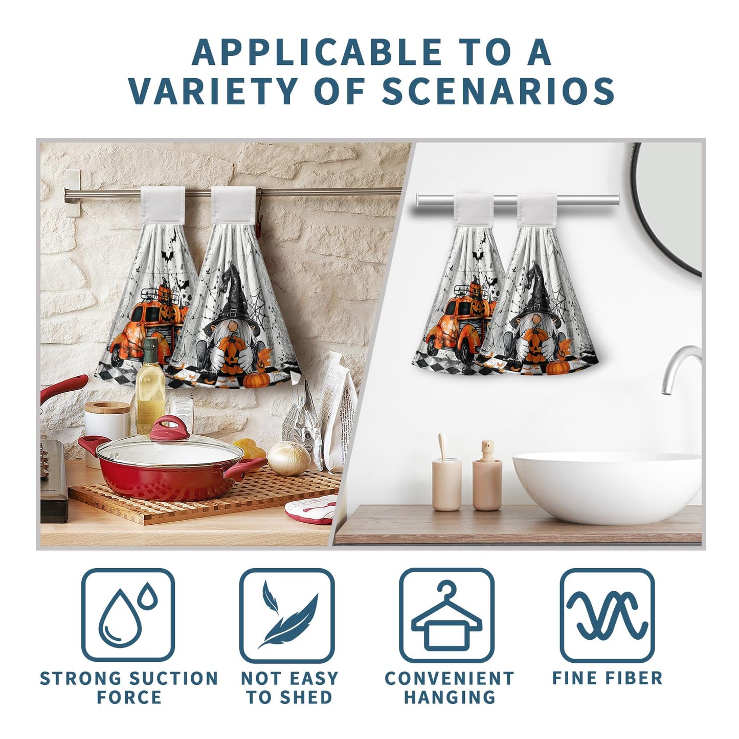 Halloween Gnome Pumpkins Hanging Hand Towels Set of 2 Bats Spider Webs Truck Kitchen Towels with Hanging Loop Orange and Black Seasonal Tea Towel Soft Absorbent Fingertip Tie Towels for Bathroom
