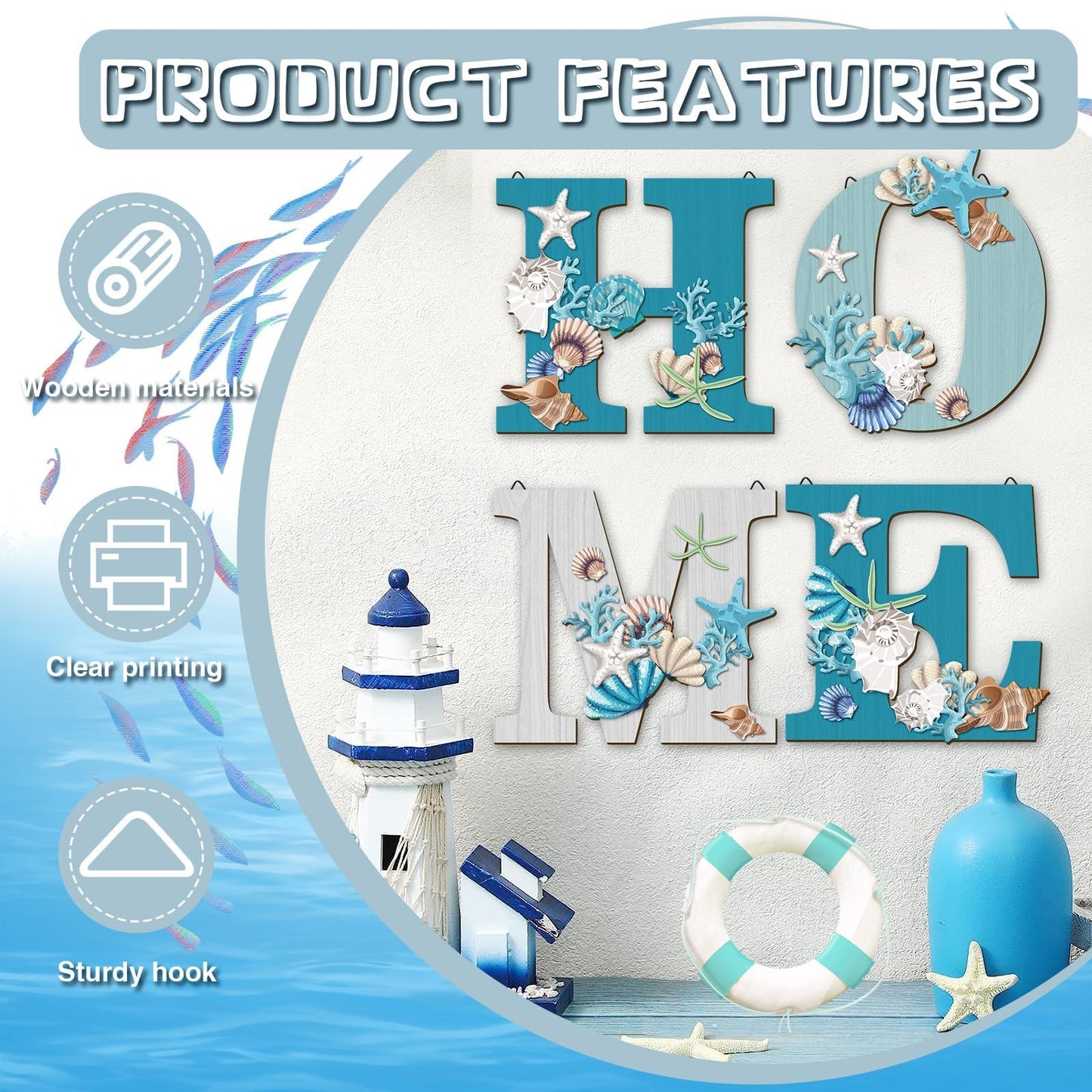 4 Pcs Wood Home Sign Coastal Beach Wall Decor Beach Style Signs Blue Starfish and Shell Wall Decor Beach Theme Sign for Home Letters Hanging Wall Decor Art Signs for Living Room Kitchen Bedroom Decor