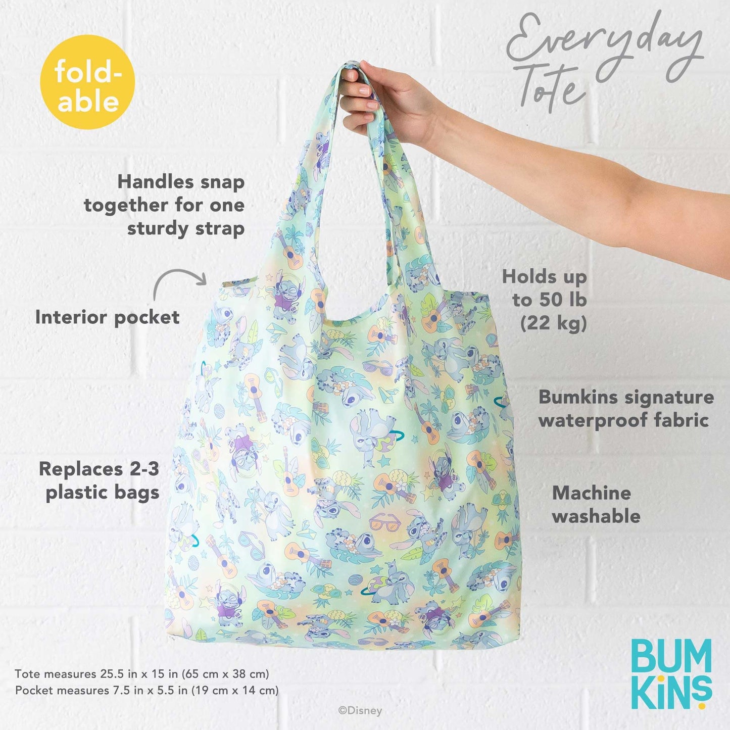 Bumkins Reusable Grocery Shopping Tote Bag for Women, Large Boho Style with Handles, Foldable, Washable, Shoulder Straps (Disney Stitch)