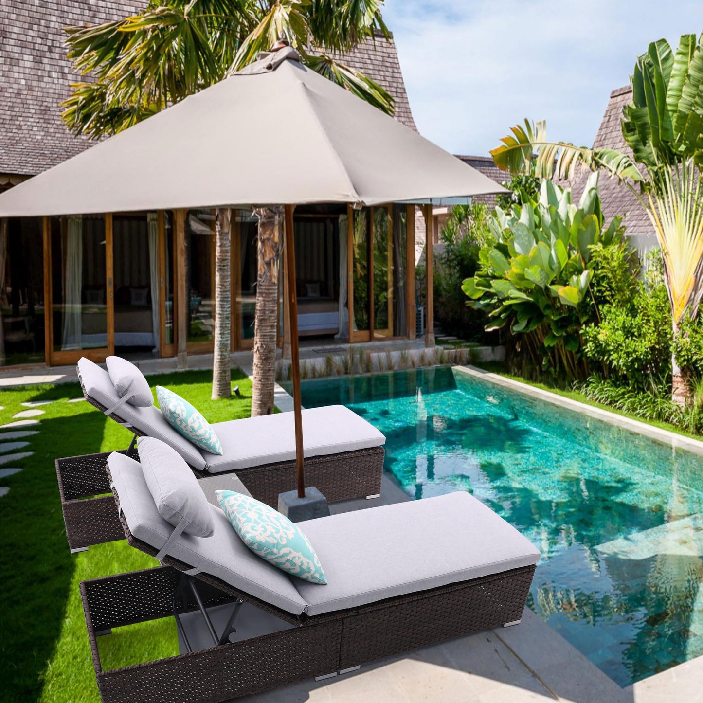 iArtHand 3 Pcs Patio Chaise Lounge with Coffee Table Cushion&Pillow Outdoor Lounge Chair Chaise Lounger Patio Reclining Chair 5 Angle Adjustment Brown Rattan for Courtyards Poolside Garden