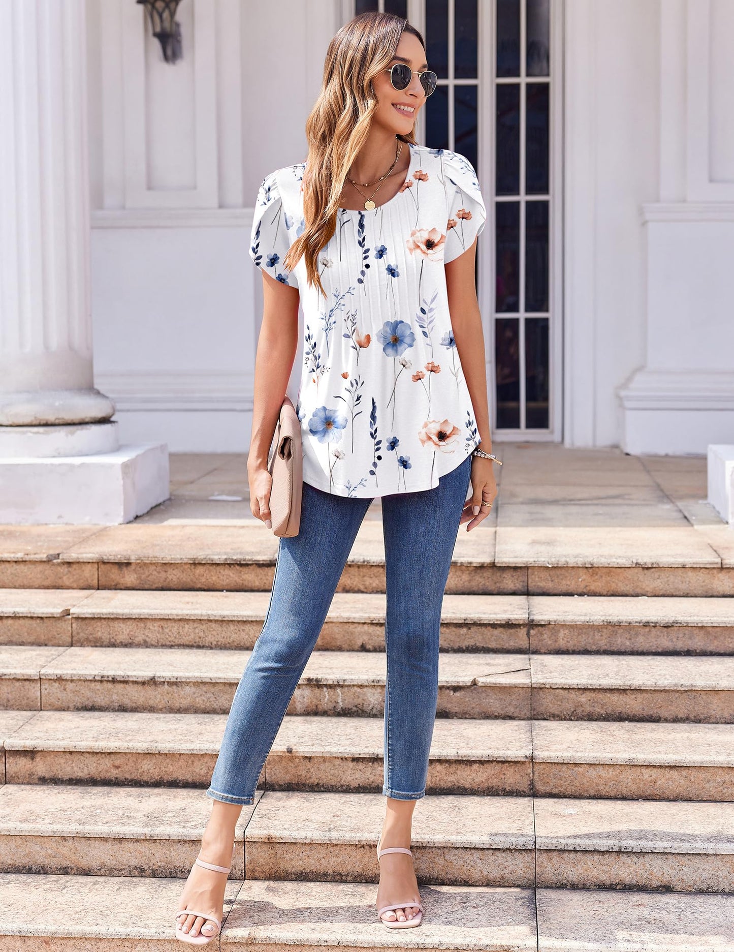 Zeagoo T Shirts for Women Casual Crew Neck Petal Short Sleeve Summer Tunic Top Floral Printed Trendy Blouses