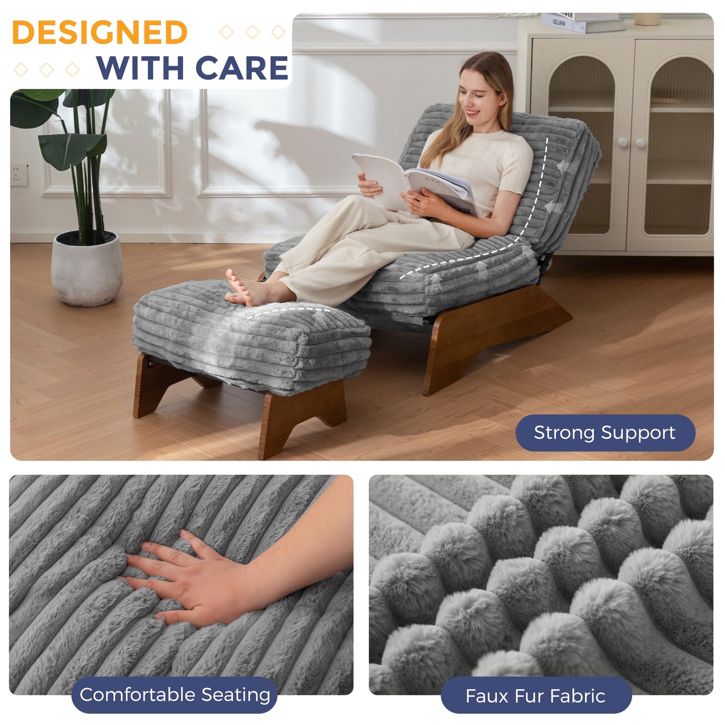 MAXYOYO Modern Adjustable Accent Chair with Ottoman, Upholstered Living Room Chair with Footrest Set, Soft Reclining Lounge for Bedroom, Apartment, Office, Grey