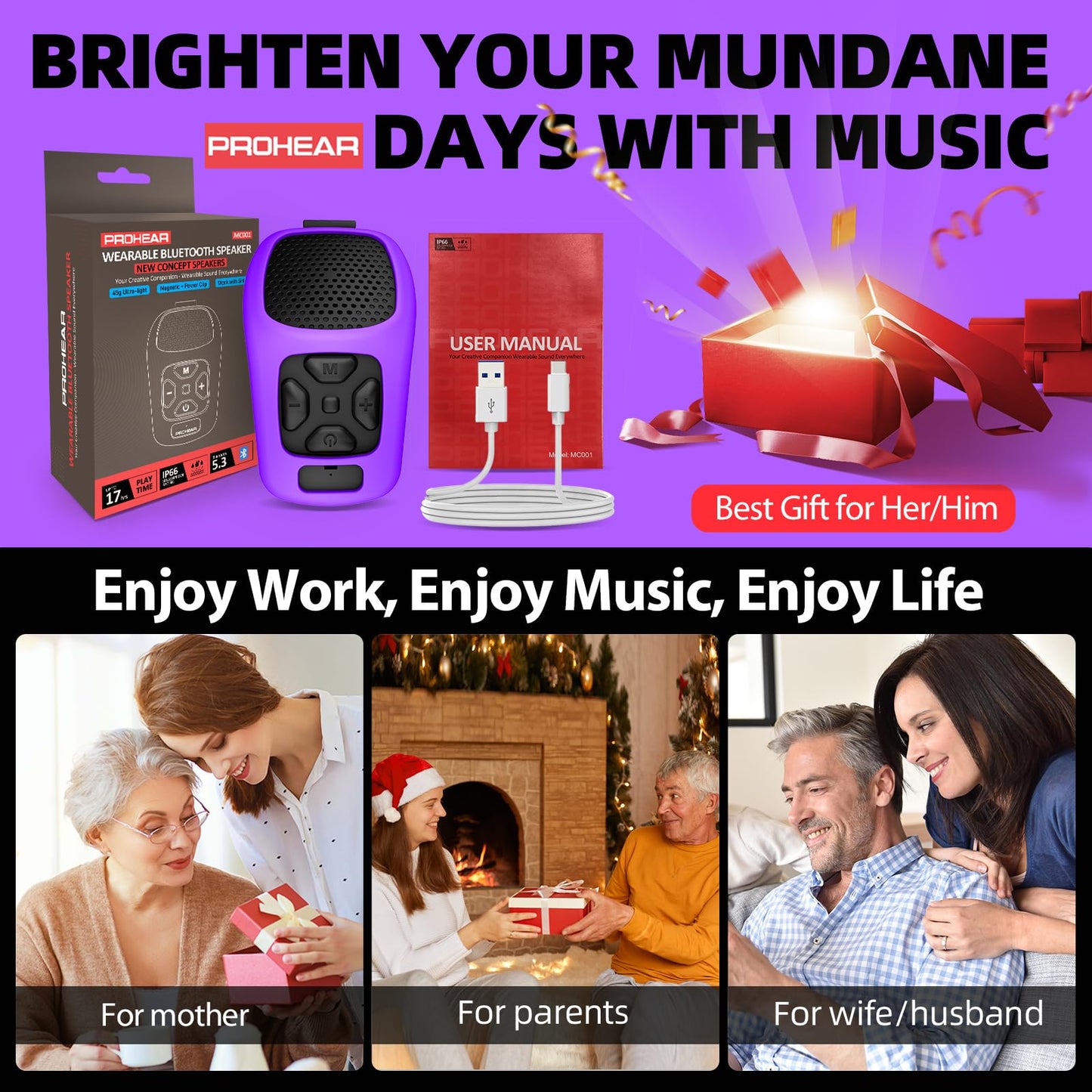 PROHEAR MC001 Wearable Bluetooth Speaker - 45g Portable Small Speaker with Magnetic Clip-On, IP66 Waterproof Certified, Built-in Mic, Voice Assistant for Hands Free Calls, Working Man Gifts(Black)