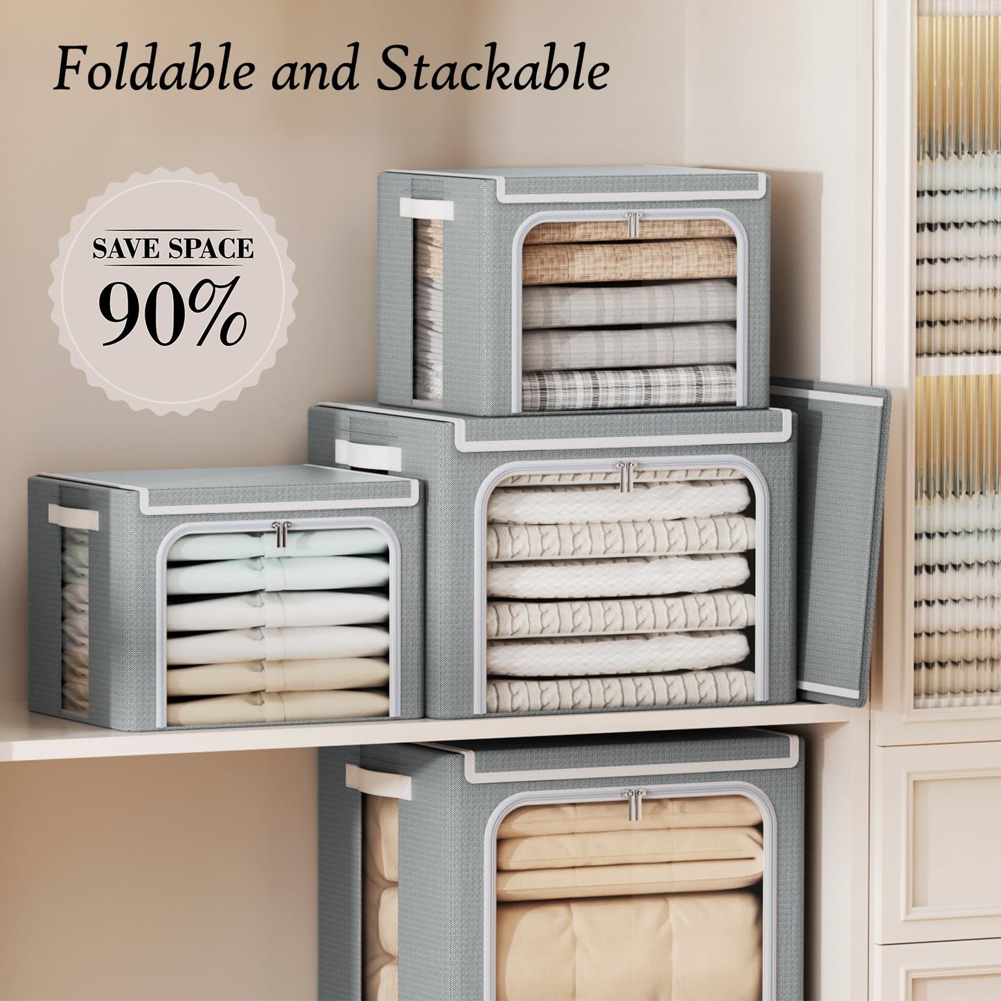 Yecaye Clothes Storage Bins with Metal Frame, Foldable Clothing Storage Bin with Lid, Stackable Oxford Fabric Organizer Box With Clear Window & Zippers & PU Leather Handles (3 Pack,Grey,66L)