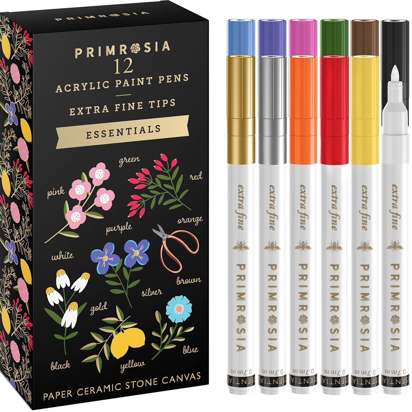 Primrosia 12 Essentials Acrylic Paint Pens Medium Tip Markers Set. Art supplies for DIY Craft, Drawing, Ceramics, Coloring, Rock Painting, Calligraphy and Lettering
