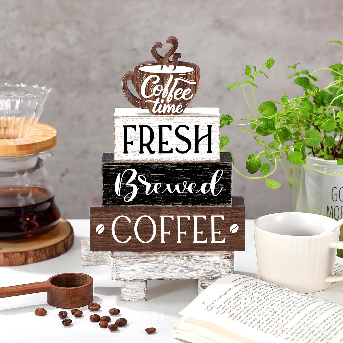 Cinnvoice Farmhouse Coffee Bar Accessories Decorations Rustic Coffee Wood Sign Cafe Table Centerpieces Rustic Cafe Bar Decorations for Home Kitchen Shelf Desk Tiered Tray Decor