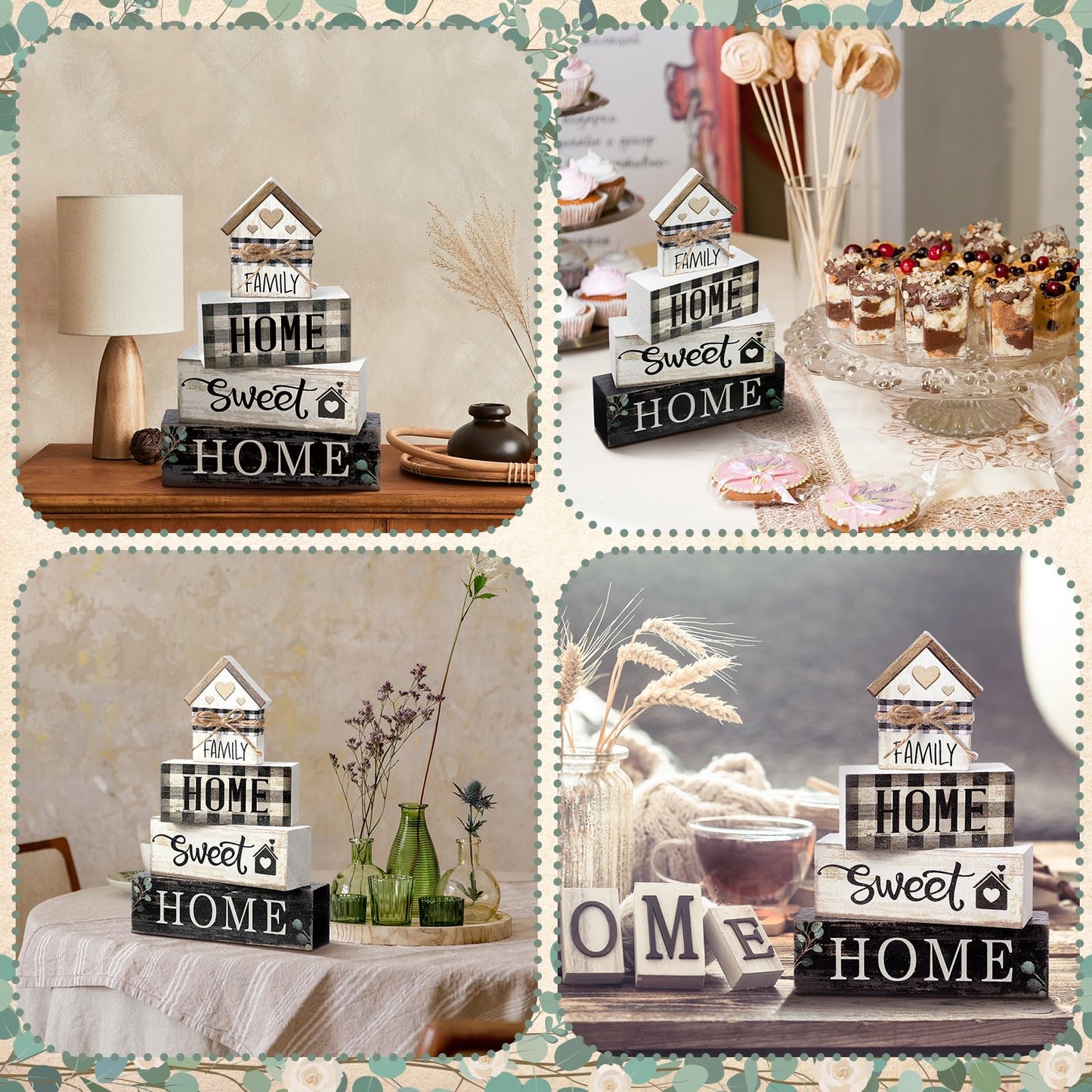 Moucuny 4 Pcs Farmhouse Wooden Tabletop Decor Sweet Home Tiered Tray Decor Rustic Retro Wood House Shaped Block Sign Housewarming Gifts Neutral Centerpiece Farmhouse Table Sign for Home Shelf Mantle