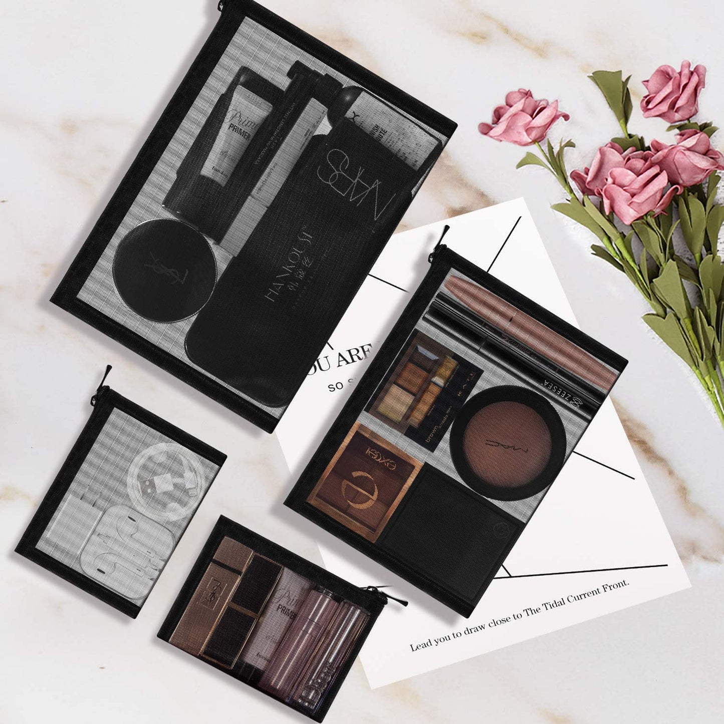 EASYFUN Mesh Pouch, Make up Bag with Zipper Cosmetic Organizer Pouch for Daily or Travel to Keep Small Items, 4 PCS Black