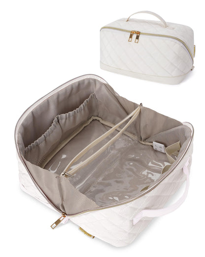 Wandering Nature Travel Makeup Bag,Travel Make up Bag with Large Capacity,Quilted Makeup Organizer Bag, Open Flat Travel Toiletry Bag for Women Cosmetic Bag with Divider and Handle,Patent Pending