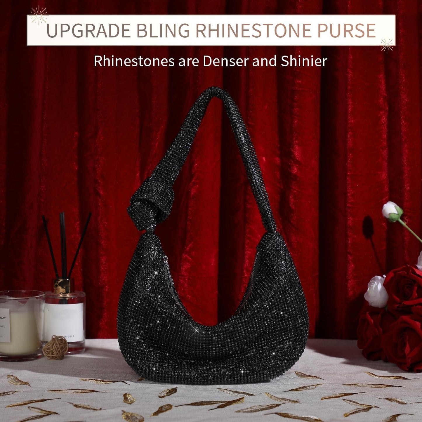 UBORSE Black Rhinestone Purse for Women Formal Evening Bag Clutch Wedding Black Purse Sparkly Prom Cocktail Party Handbag