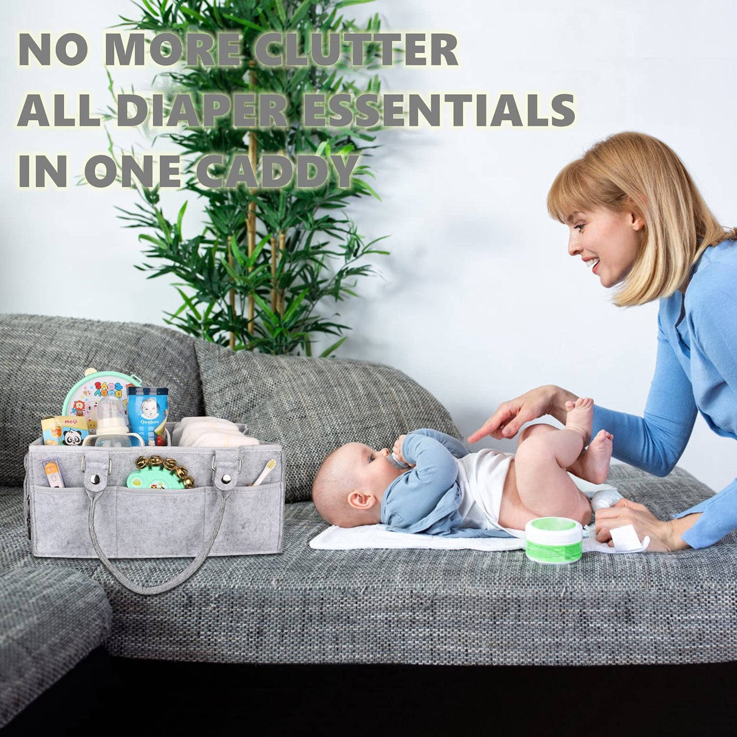 XUANGUO Baby Diaper Caddy Organizer with Handle - Gender Neutral Nursery Storage Bin Basket - Portable Tote Bag - Car Organizer - Newborn Essentials - Grey