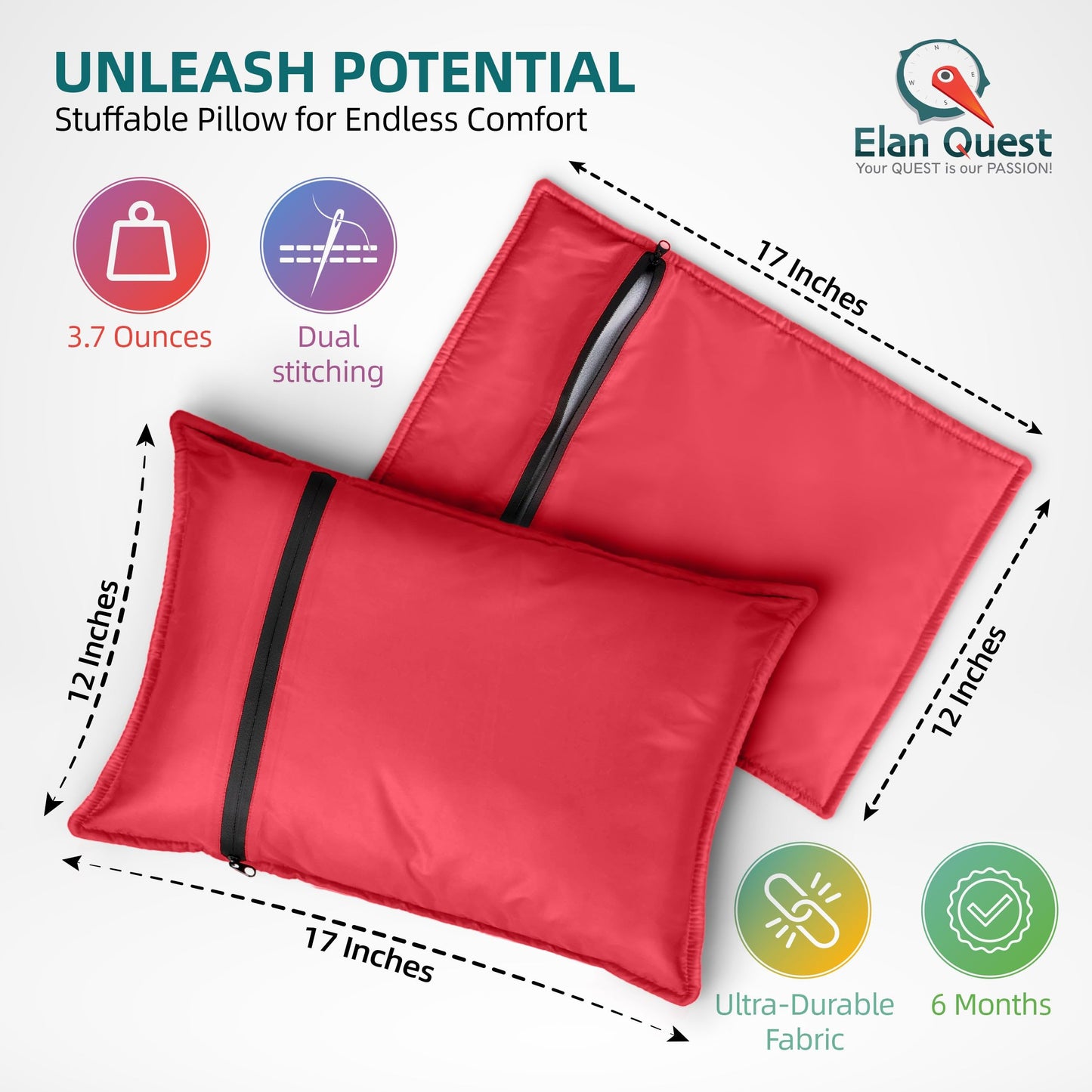 Elan Quest Stuffable Camping Pillow Sack (Large, Red) - 12 x 17 - Camping Essentials for Hiking, Backpacking and Travel Essentials - Sold Empty Bring Your Own Stuffing