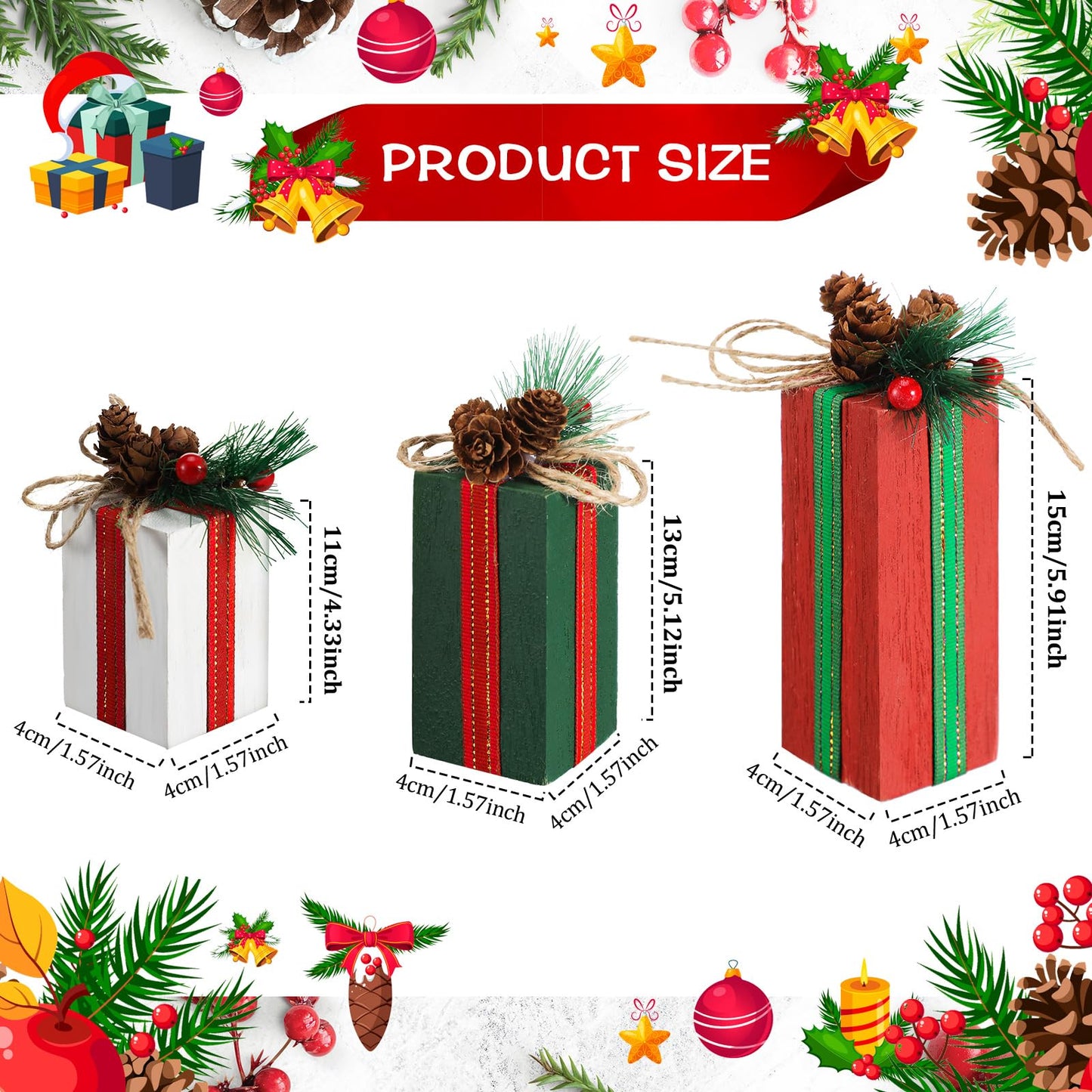 Glenmal 3 Pcs Christmas Table Centerpieces Christmas Table Decor Faux Present Wooden Blocks with Buffalo Plaid Bowknot Rustic Decoration for Holiday Xmas Tree Tiered Tray(White, Green and Red)