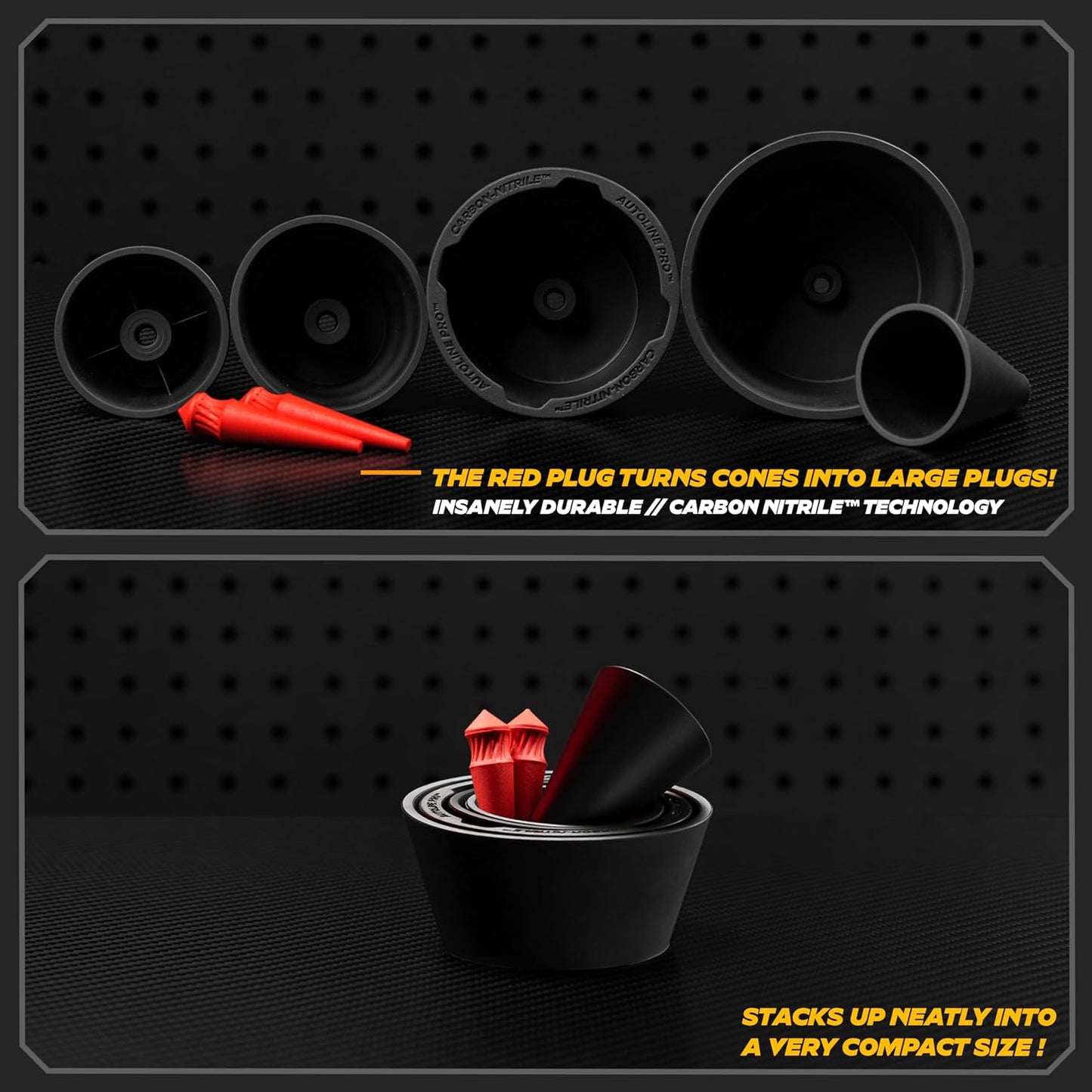 AutoLine Pro Premium Cone and Plugs 2-in-1 Adapters | for Automotive Smoke Machine Leak Testing | Cone & Cap Plugs Function | CarbonNitrile™ | Patented Design.