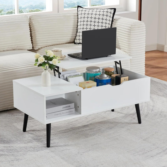 SANODESK 39" Wood Lift Top Coffee Table with Hidden Compartment and Storage Shelf for Living Room, Reception Room, White