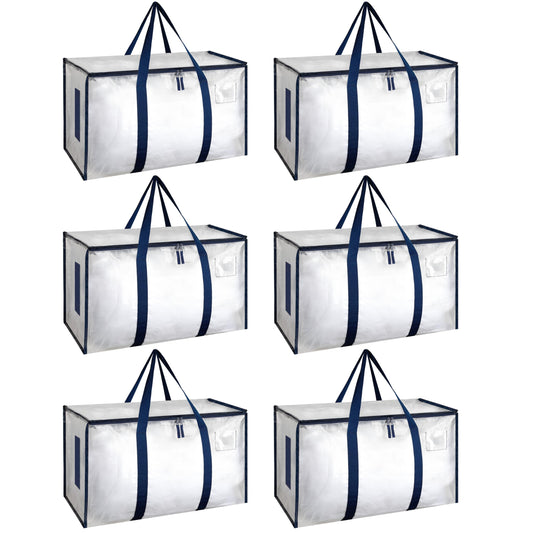 HealSmart 6 Pack Large Moving Bags with Zippers & Handles, Moving Supplies with lids, Heavy Duty Totes for Space Saving, Fold Flat, Moving and Storing, Clear