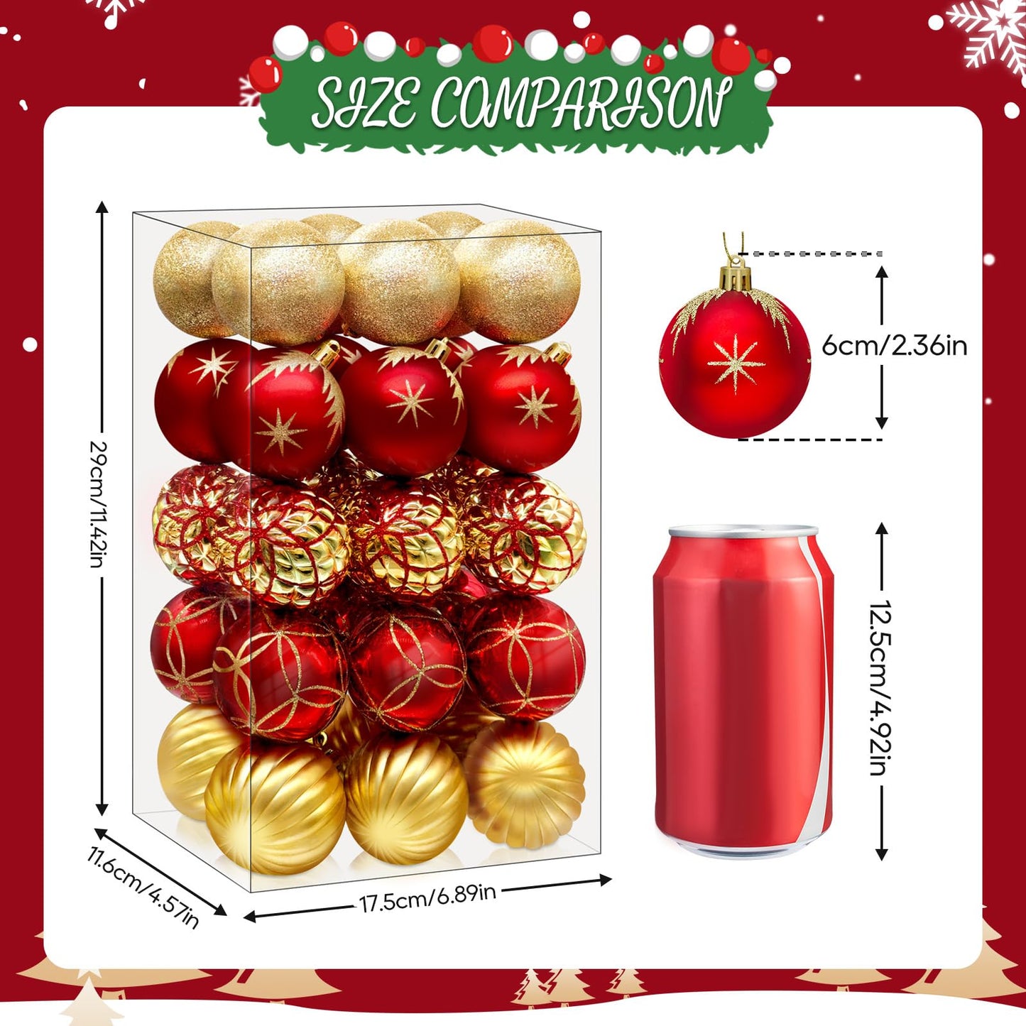 DeckTheHalls Christmas Balls Ornaments, 30 Pcs 2.5 Inch Christmas Tree Decorations for Xmas Tree Hanging, Shatterproof Ball Ornaments for Festival Home Party Decors, (Red & Gold)