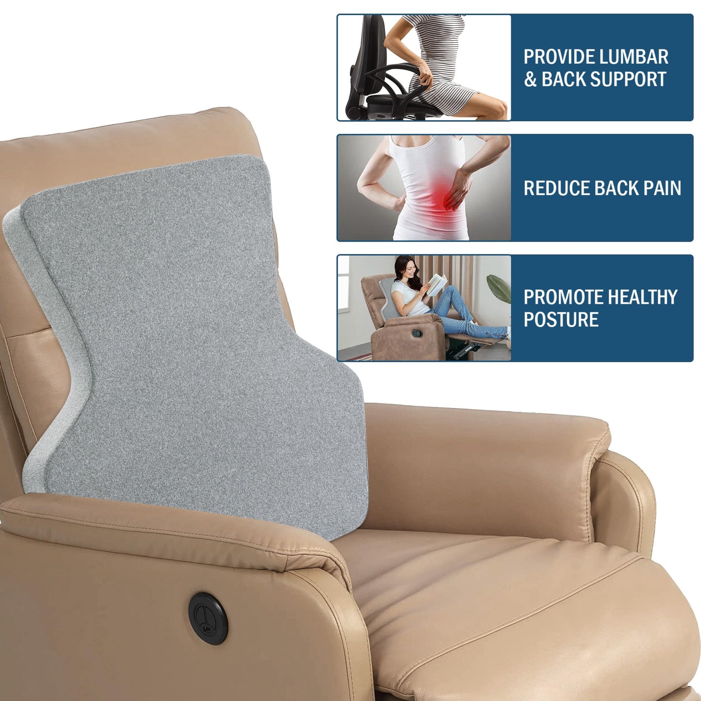 HOMBYS Ergonomic Lumbar Support Pillow for Recliner,Memory Foam Chair Back Support Cushion for Elderly,Extra Large Lumbar Support Pillow,Low Back Pain Relief Cushion,Grey