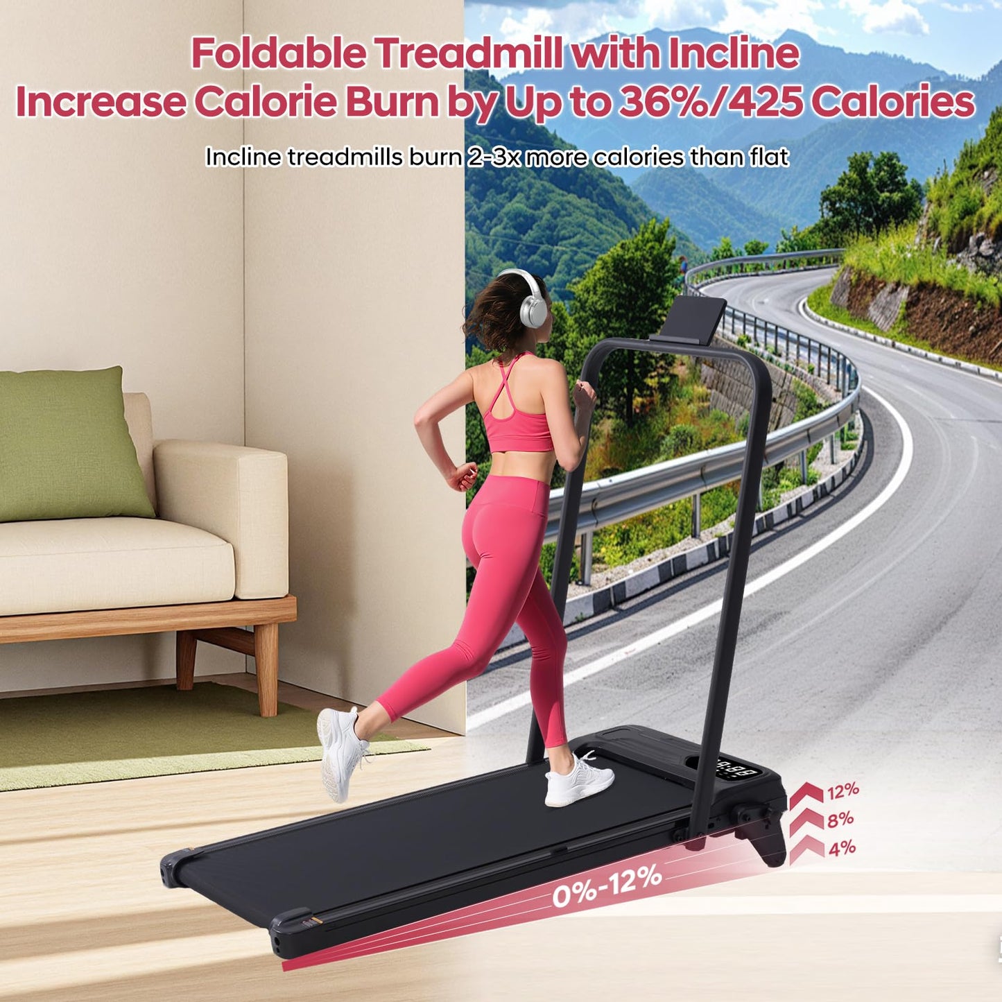 Foldable Walking Pad Treadmill with 12% Adjustable Incline and Handle Bar, 3.5HP Portable Folding Treadmills for Home Small, 4 in 1 Under The Desk Electric Treadmill with Handles, 0.6-7.6MPH, 350LBS