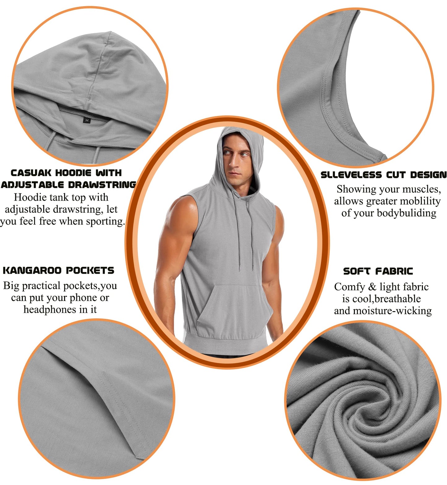 Amussiar Men's Fitness Sport Sleeveless Hoodie Vest Gym Running Training Hooded Tank Top Bodybuilding Cotton Muscles Shirt Grey