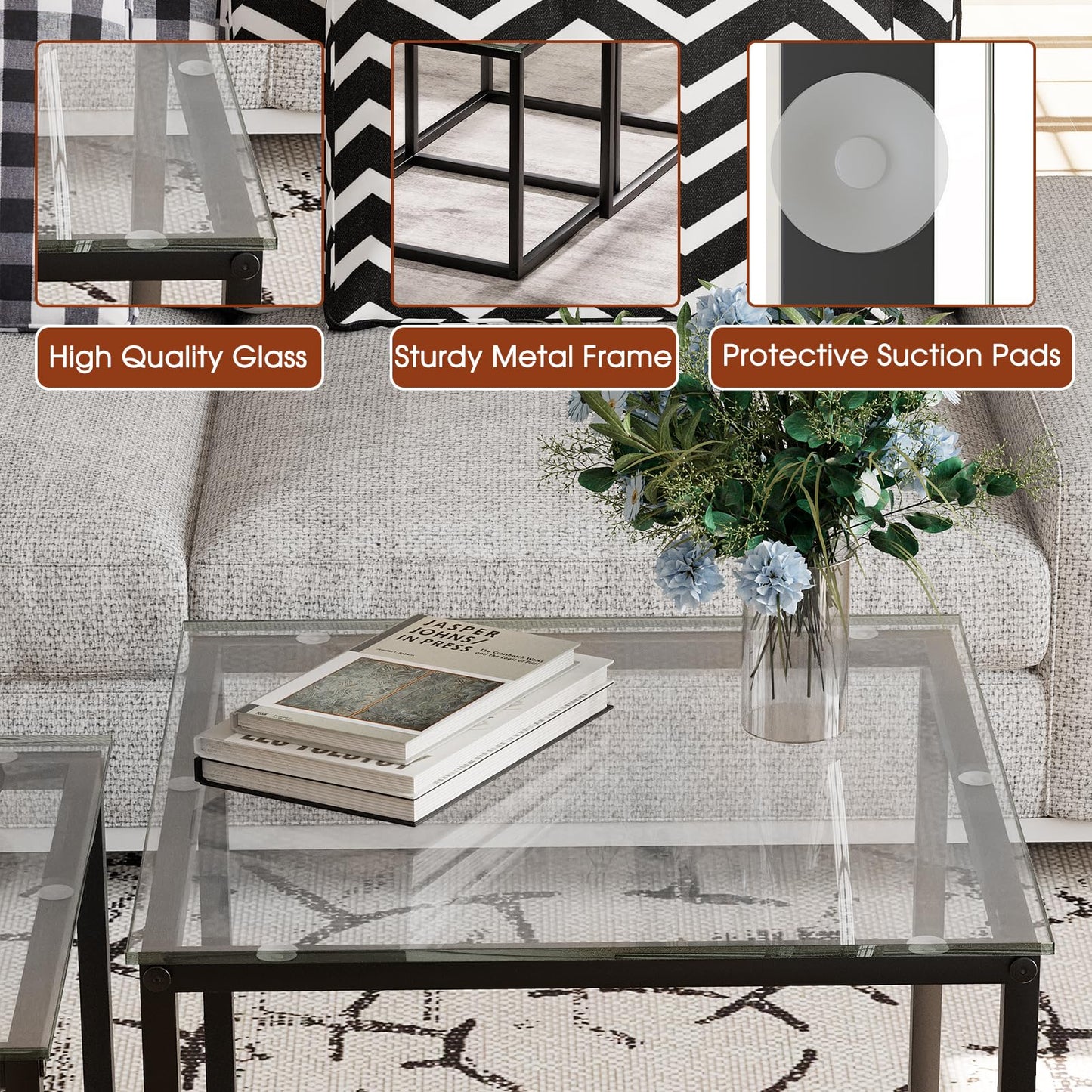 VILAWLENCE Coffee Table Set of 2, Modern Black Glass Side Table, Metal Frame Square End Table, Center Tables,Nesting Coffee Table for Living Room,Bedroom and Small Spaces