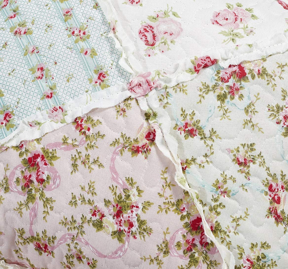 Brilliant Sunshine Roses Ruffle Pillowshams, Quilted Patchwork Decorative Pillow Covers Set, Washable Square Throw Cushion Cases for Couch, Recliner, Armchair, Bed, 18x18, Pack of 2, Pink Green