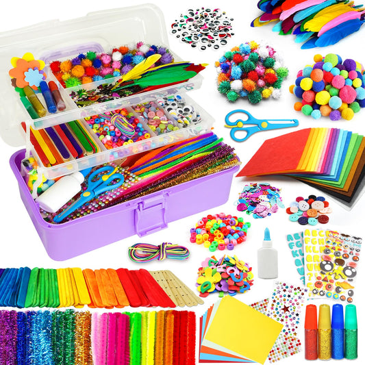 FUNZBO Arts and Crafts Supplies for Kids -Kids Craft Kit with Pipe Cleaners, Popsicle Sticks, Pompoms & Stickers, All in One Homeschool Supplies, Toys Crafts for Girls Boys Age 4+