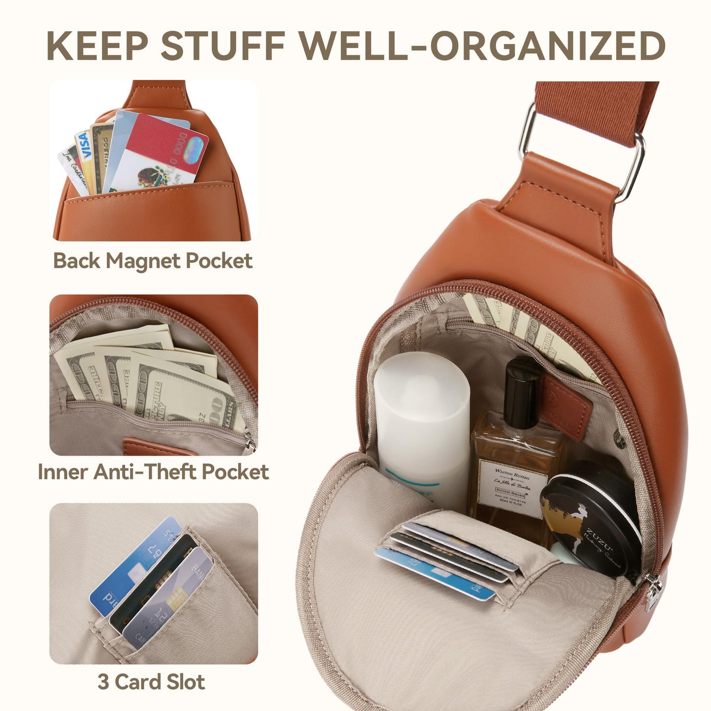 BOSTANTEN Sling Bag for Women Crossbody Bag Cross Body Travel Purse Quilted Vegan Leather Small Fanny Pack