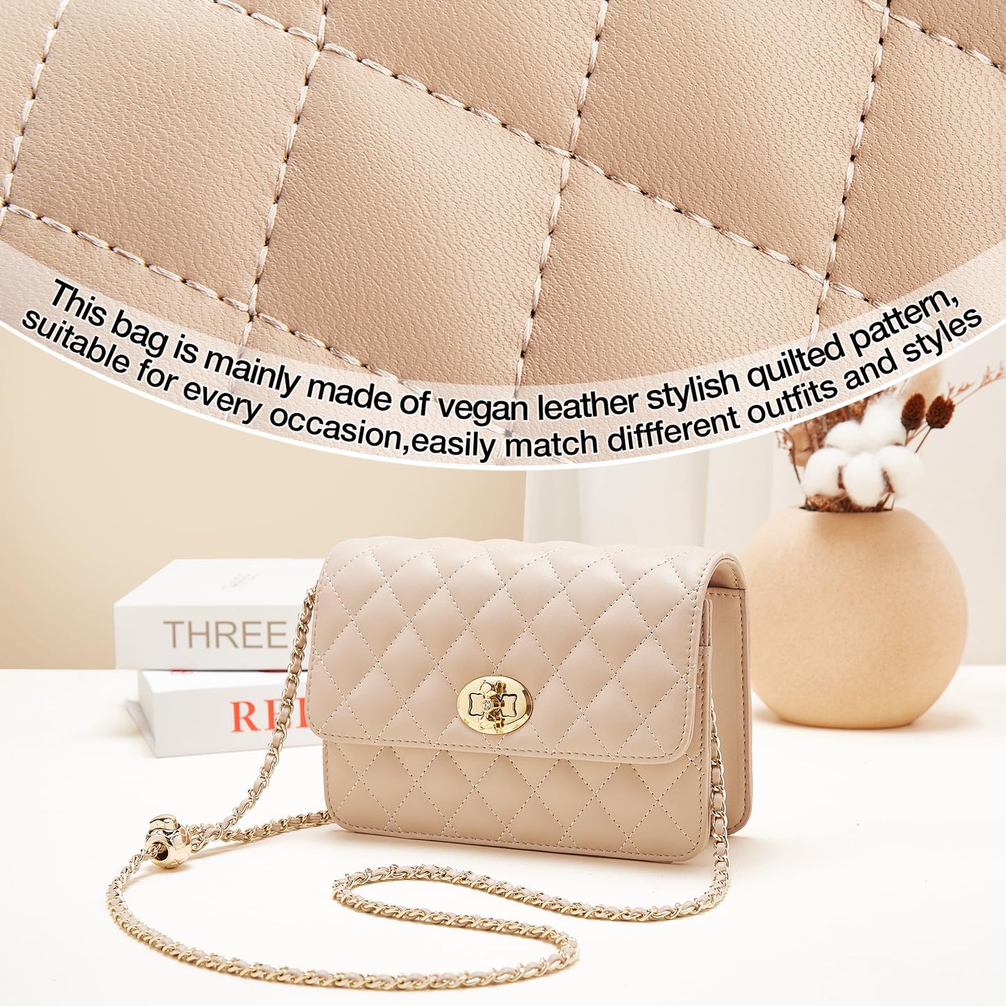 FOXLOVER Quilted Crossbody Purse for Women Faux Leather Trendy Ladies Shoulder Bag with Chain