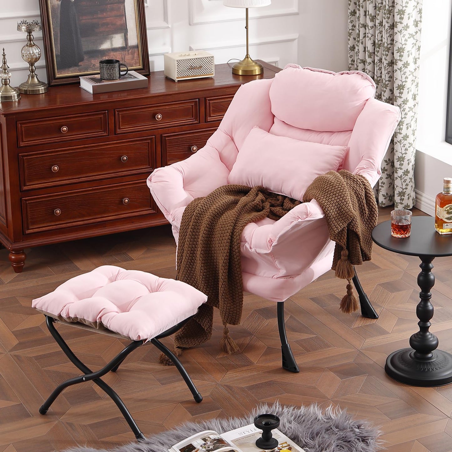 DreamNook Lazy Chair with Ottoman, Modern Accent Chair with Lumbar Pillow, Comfy Chairs with Folding Footrest for Bedroom, Reading, Oversized Supportive Lounge Chairs(Pink)