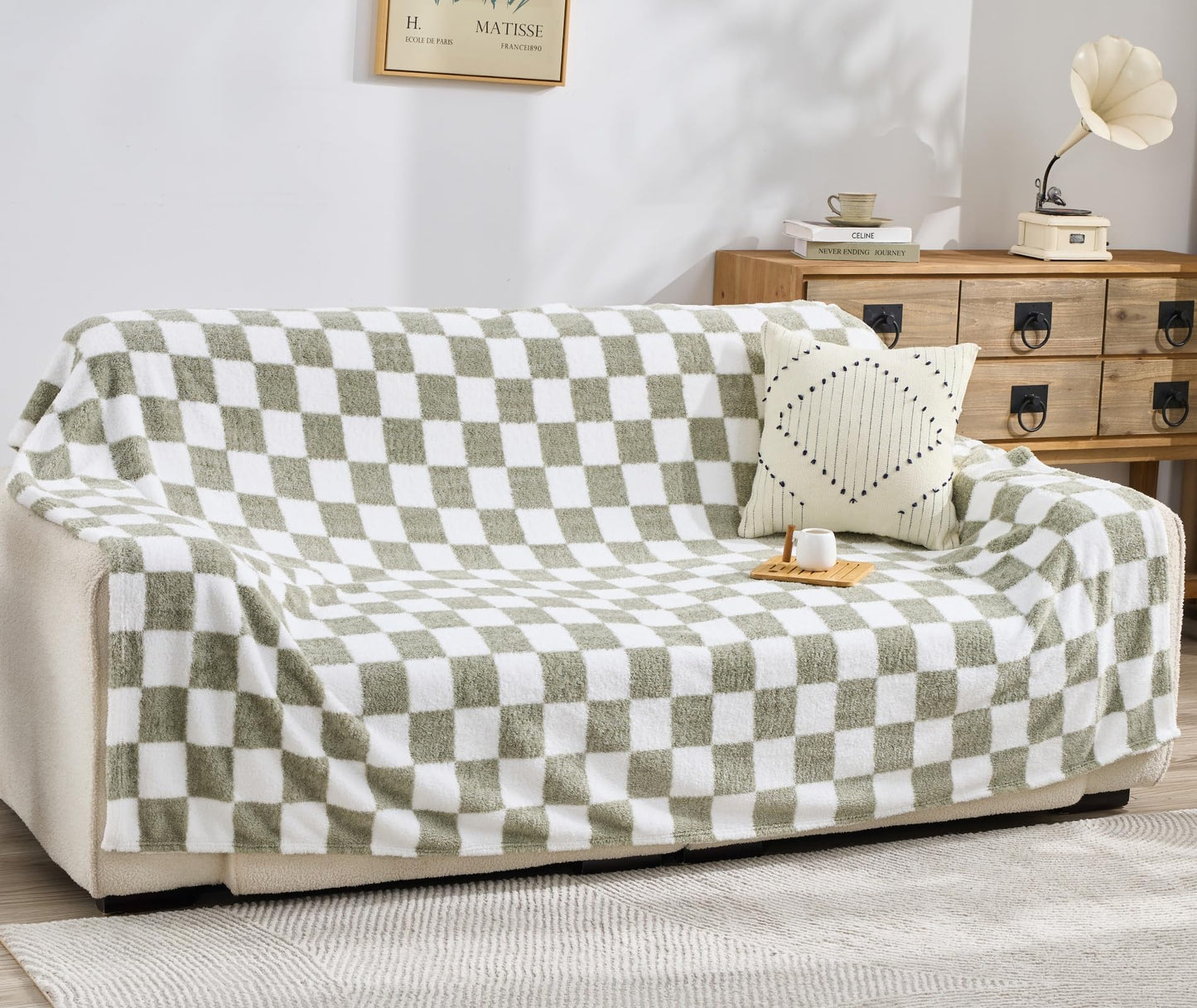 EMME Checkered Blanket Twin Size - 60"x80" Green Knit Blanket Soft Fluffy Patterned Throw Blankets for Couch, Sofa, Chair, Bed, Camping, Picnic, Travel