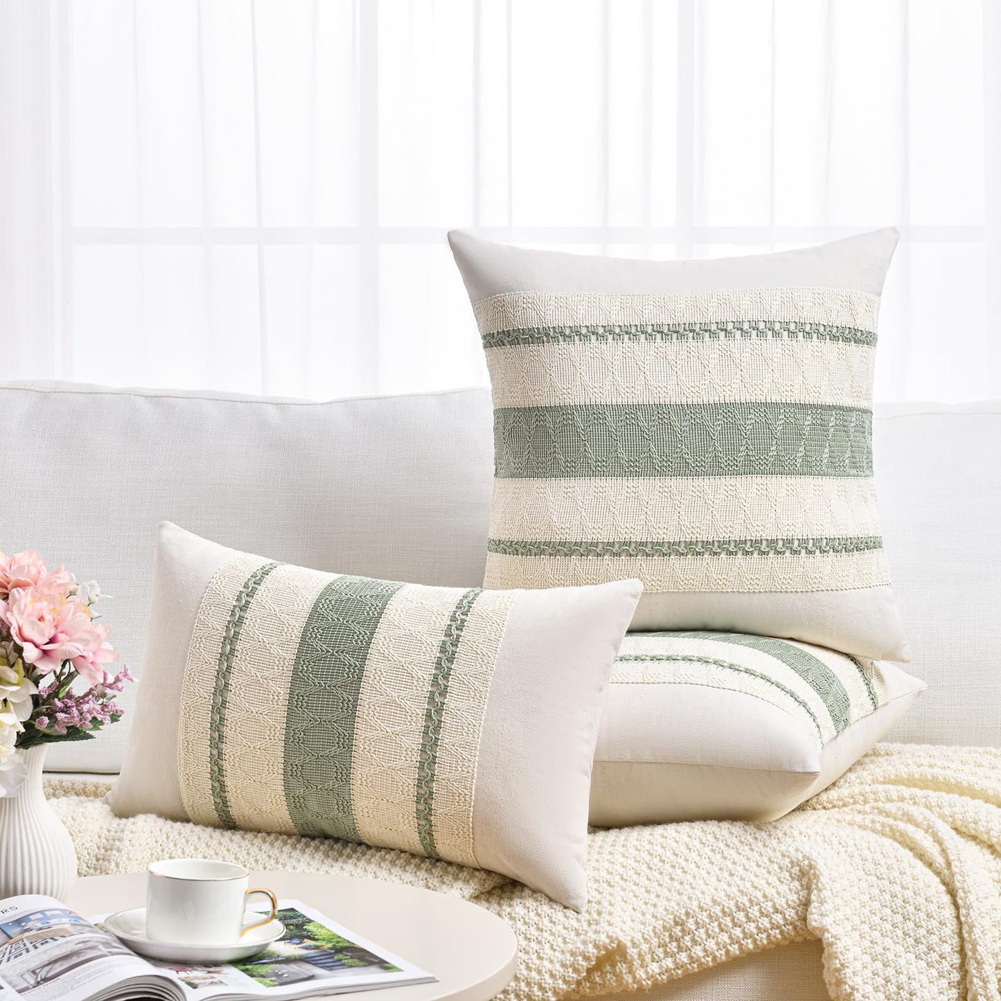 Fancy Homi Set of 2 Sage Green Boho Lumbar Decorative Throw Pillow Covers 12x20 Inch for Living Room Bedroom Couch Bed Chair, Rustic Retro Cushion Case, Bohemian Room Home Decor