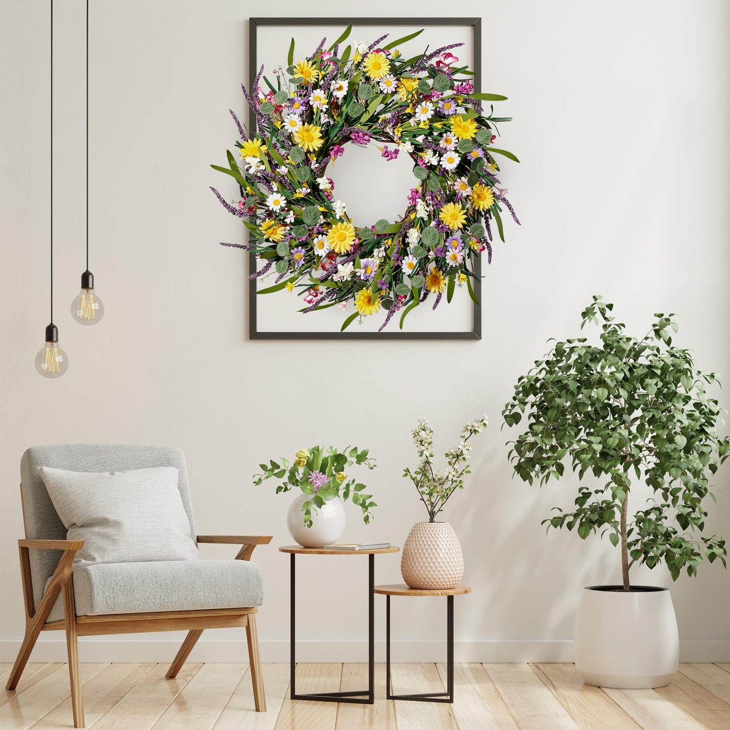 Sggvecsy Daisy and Lavender Wreath 22’’ Wildflower Spring Summer Artificial Silk Wreath for Front Door Home Wall Wedding Festival Farmhouse Holiday Decor