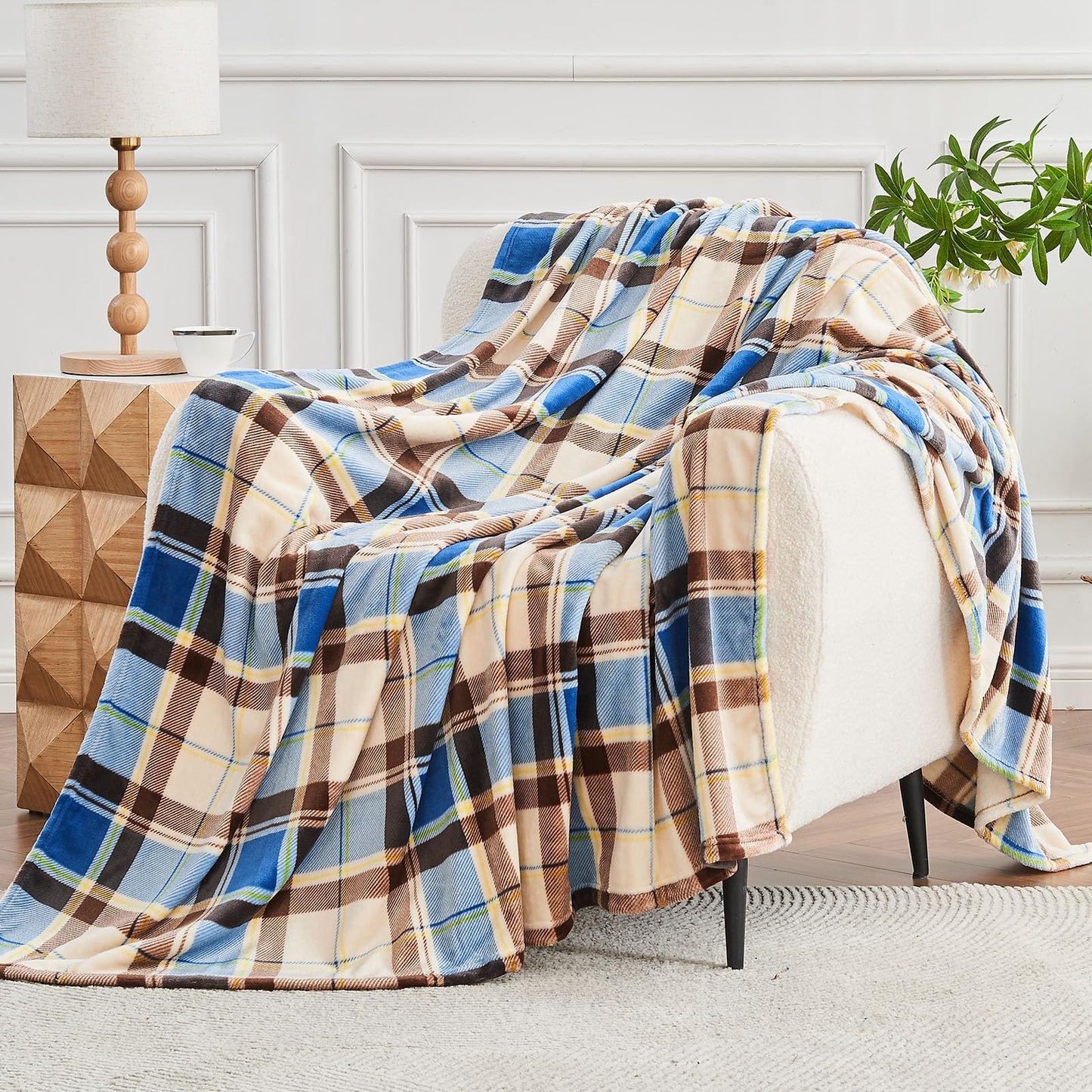Gogreen Cozy Flannel Blanket Printed -Twin Size Bed Blanket for Home Decoration - Ultra Soft, Lightweight, Microfiber Throws (Thorw - 50" x 60", Blue Brown Plaid)
