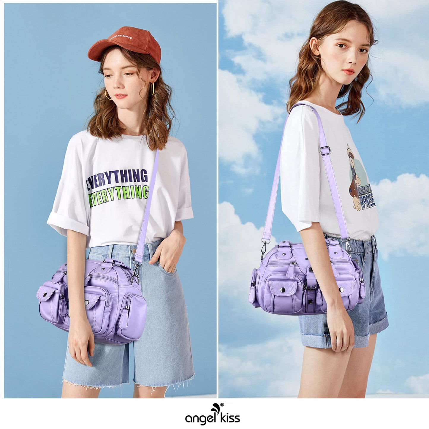 Angel Kiss Hobo Crossbody Purses for Women Shoulder Bag Multipocket Soft Hobo Purses Removable Strap Leather Handbags