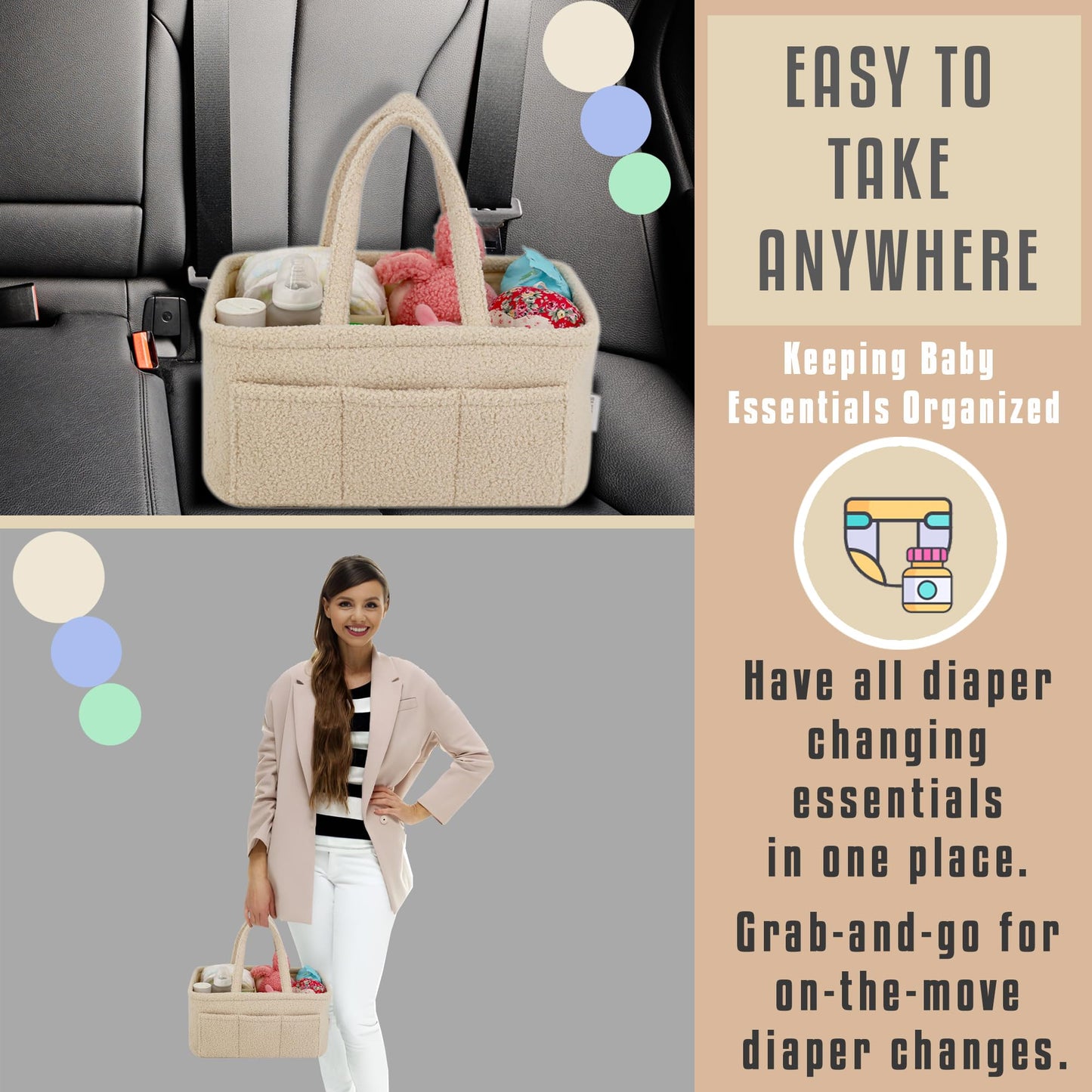 YelloIris Baby Diaper Caddy Organizer – Soft Beige Sherpa with 3 Removable Compartments & 6 Side Pockets – Perfect Nursery Storage Bin & Car Organizer for Diapers, Baby Wipes, and Essential Supplies.