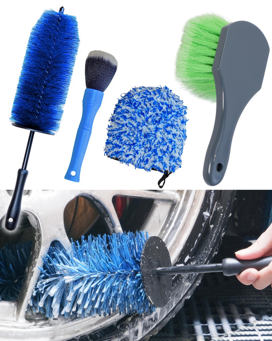 oesee Car Wheel Cleaning Kit: Wheel and Rim Flagged Tip Brush, Bendable Barrel Brush, Wheelie Mitt, Scratch-Free Detail Brush for Rims & Tires - Durable & Multipurpose Clean Wheel Hard to Reach Areas