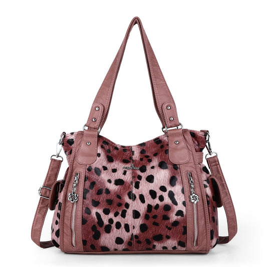 Angel Kiss Handbags for Womens Top-Handle Hobo Purse Roomy Casual Shoulder Bags PU Tote Satchel Purse for Womens 14leopard Pink